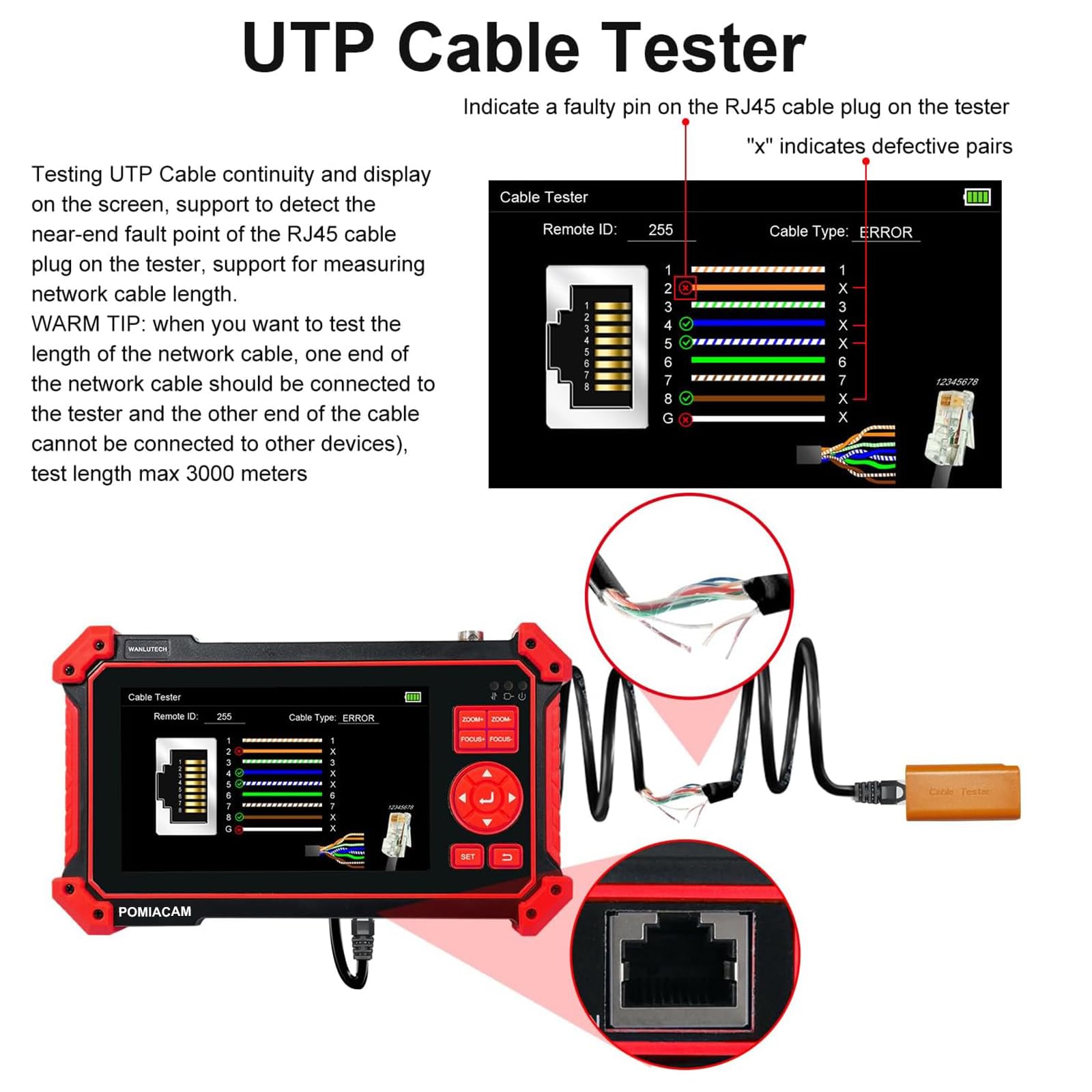 Tester per telecamera CCTV HD-2950, 8MP TVI CVI AHD CVBS Tester per fotocamera analogica da 5 pollici TFT-LCD Test cavo UTP Ingresso HDMI e VGA RS485 PTZ Control Audio Test 12V Potenza di uscita
