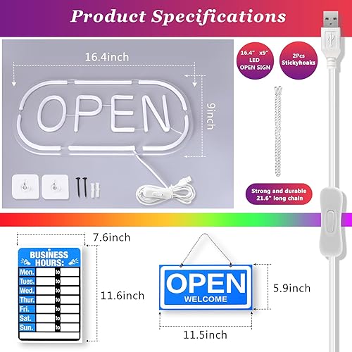 Vista 6 de Letrero abierto, 16.5 x 9 pulgadas para negocios, letrero de apertura de neón que incluye horario comercial y letreros de apertura y cerrado