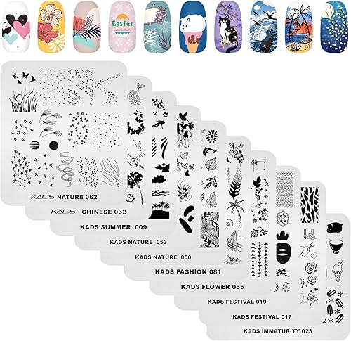 KADS 10 piezas de placas de estampado de uñas, plantillas de arte de uñas, herramienta de bricolaje, corazón, conejo, flor, helado, parapente