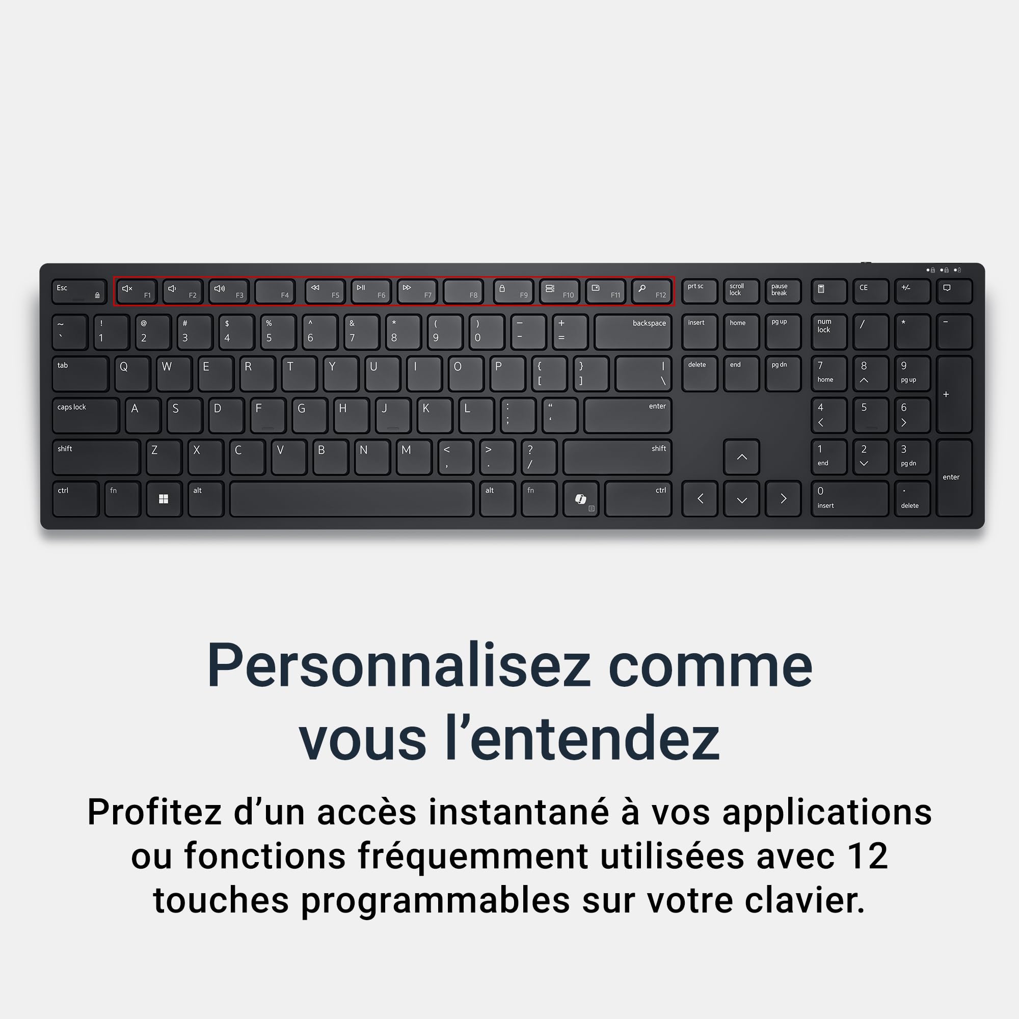 Clavier Dell Pro KB500 – sans Fil, AZERTY Français, 2.4 GHz, 12 Touches Programmables, Pavé Numérique, Autonomie 36 Mois, Clavier Silencieux, Sécurité AES 128 Bits, Noir