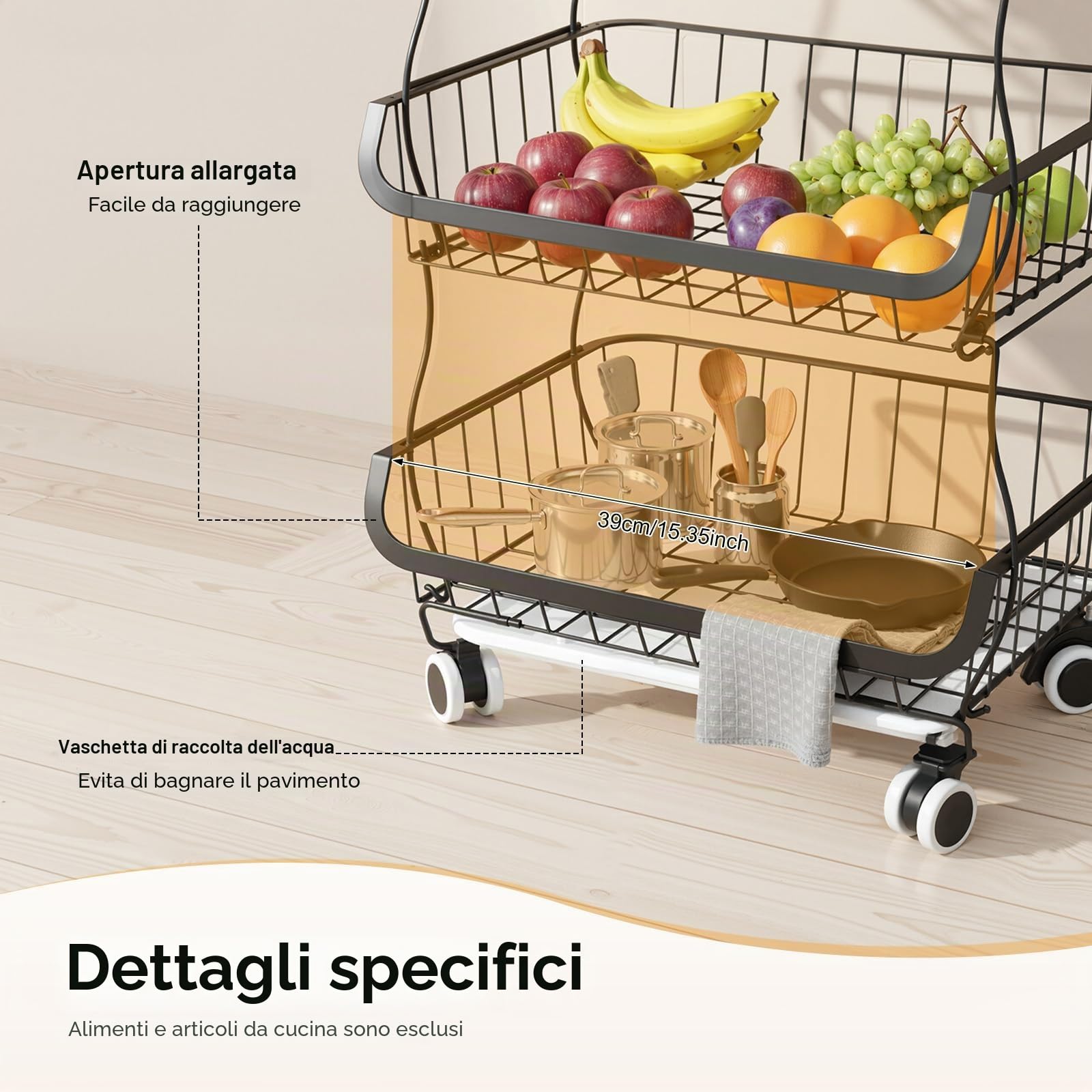 Scaffale da cucina a 5 ripiani, con ruote, cestino per frutta e verdura, impilabile in filo metallico con ruote, cestino per prodotti per scaffalatura, carrello per dispensa, carrello per