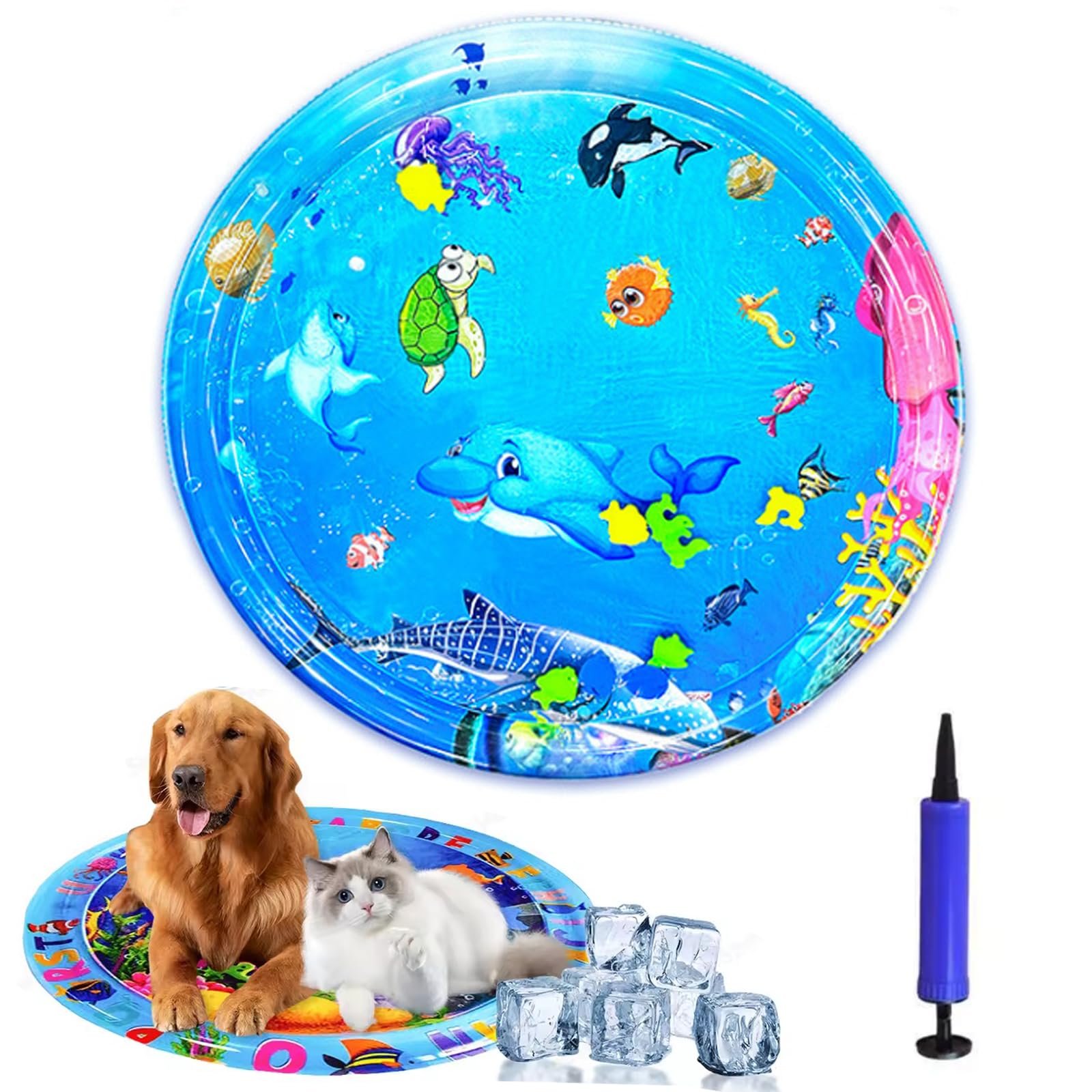 SiQiYu Cat Water Mat with Fish, Cat Water Sensory Play Mat with Manual Air Pump, Thickened PVC, Anti-Scratch, Rapid Cooling for Both Indoor Outdoor in