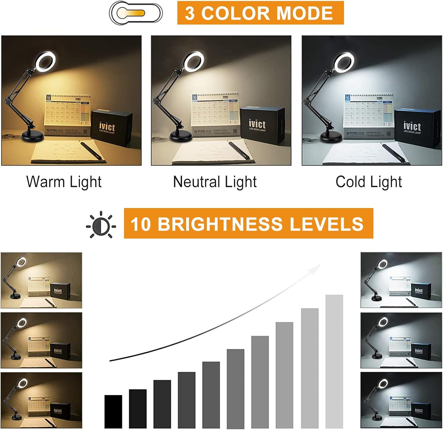 DLLT Dimmable Swing Arm Desk Lamp with Clamp, 68 LED Flexible Architect Work Lamp, 3 Colors 10 Brightness, Adjustable Desk Lamp, Multi-Joint Table Lamp for Study, Office, Computer, Art, Work Lighting