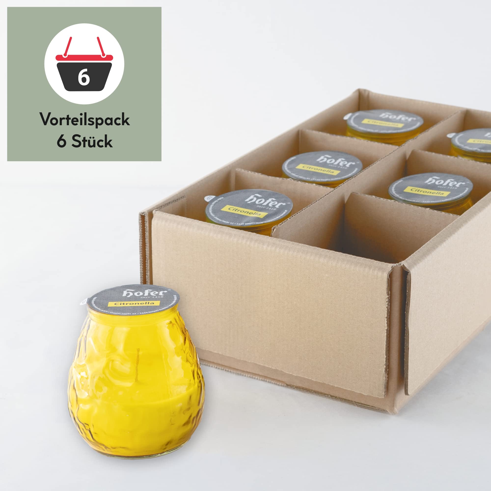 HOFER 6 luci da bistrò, citronella, portacandele per esterni, di alta qualità, in vetro con profumo di citronella, per feste in giardino, decorazione per esterni
