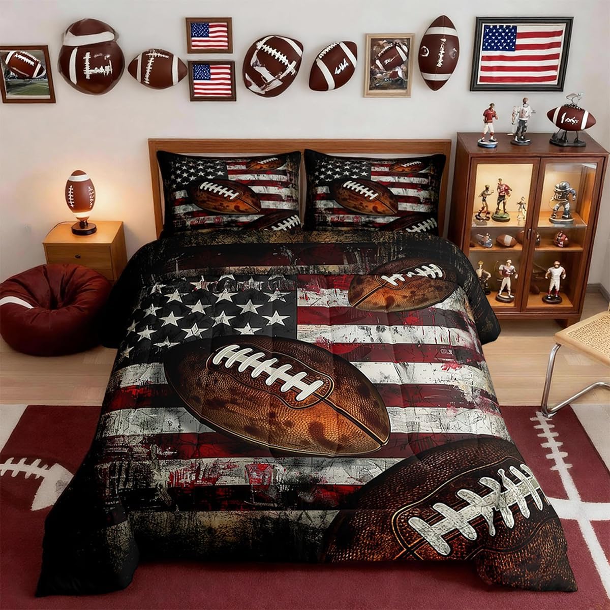 Feelyou Football Comforter Set Full Size Kids American Flag Comforter for Boys Girls Teens Rugby Gaming Sports Bedding Set Sports Theme Quilt Set