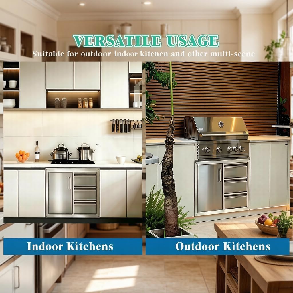 Outdoor Kitchen Drawers Combo Cabinet​, 28 x 22 x 19.5in Stainless Steel Cabinet​ Triple Drawers & Access Door, Multi-Layer Design with Partition, for Outdoor Kitchen Island Patio Grill Station