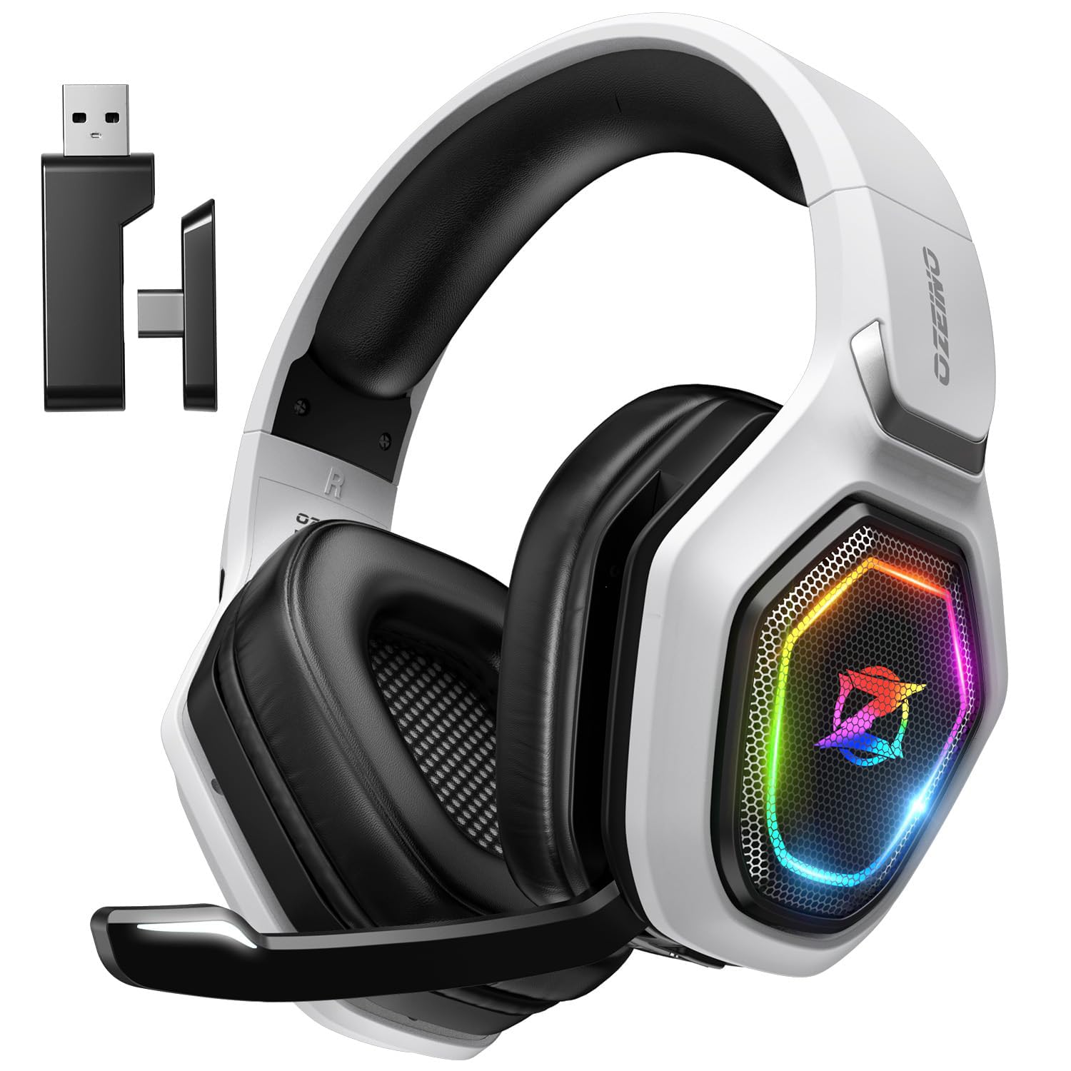Ozeino Wireless Gaming Headset with Microphone, 2.4G & Type C Transmitter - 40h Battery Life - RGB Lighting Gaming Headphones for Ps5, Ps4, PC, Phone, Black & White