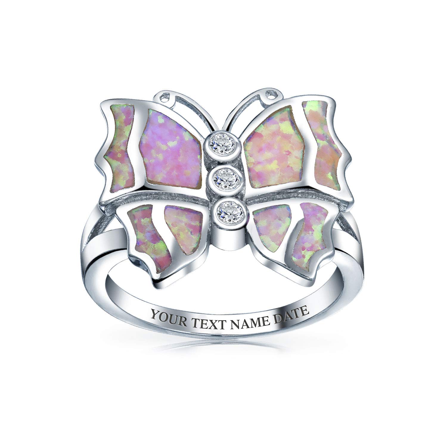 Personalize Elegant CZ Accent Cubic Zirconia Fashion Statement Pink Created Opal Butterfly Ring For Women Teens .925 Sterling Silver October Birthstone Custom Engraved