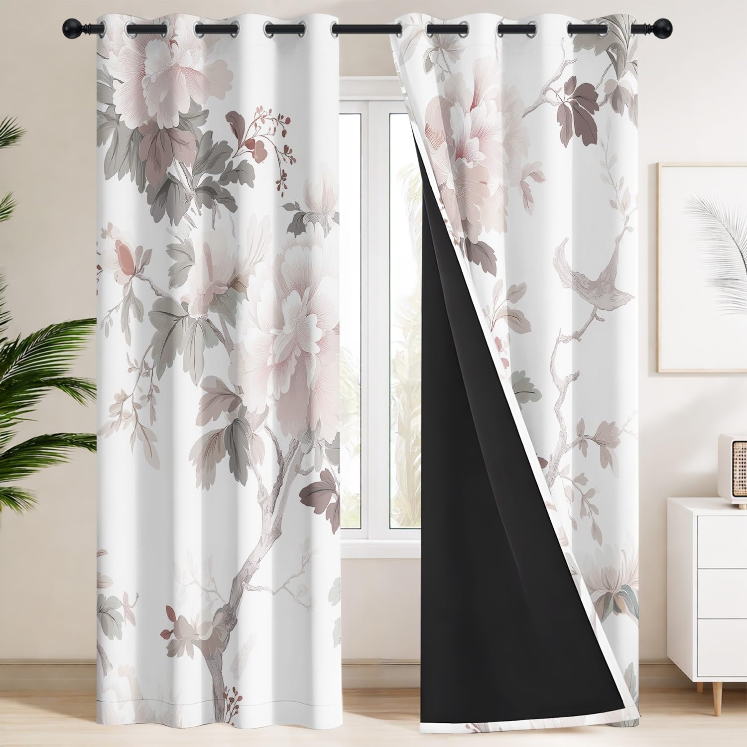 Generisch Große Pfingstrosen, zartes Rosa & Creme Verdunkelungsvorhänge – 2er Set Ösenvorhänge Klassisch, Traditionell, Pfingstrose Blickdicht & Thermoisolierend B 100 x H 245 cm