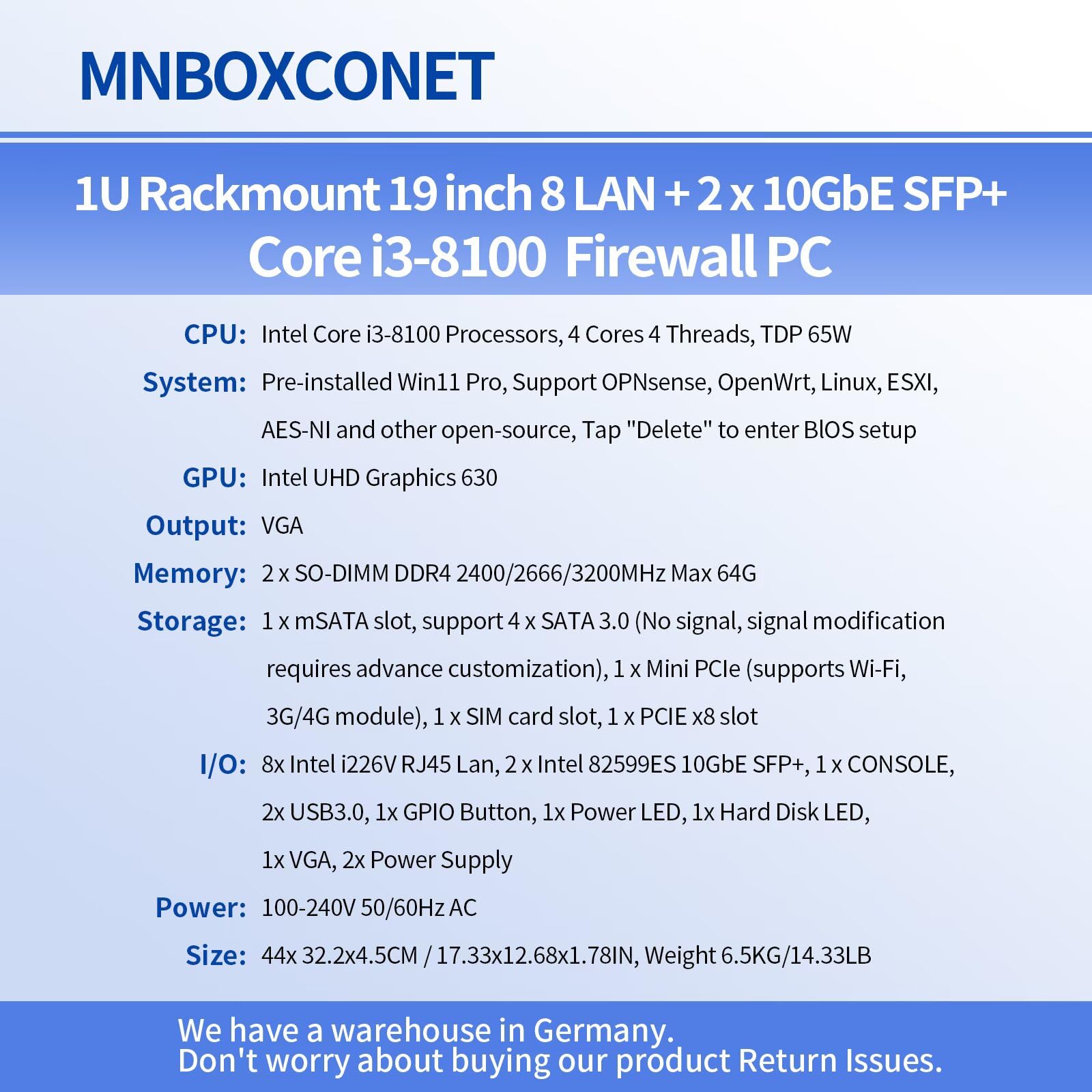 1U Firewall 19" Routeur Appliance C236 Redundancy Power Supply Core i3 8100, 8 x 2,5 Gigabit Ethernet OPNsense, serveur de matériel réseau, 16 Go de RAM 256 Go SSD, USB 3.0, console