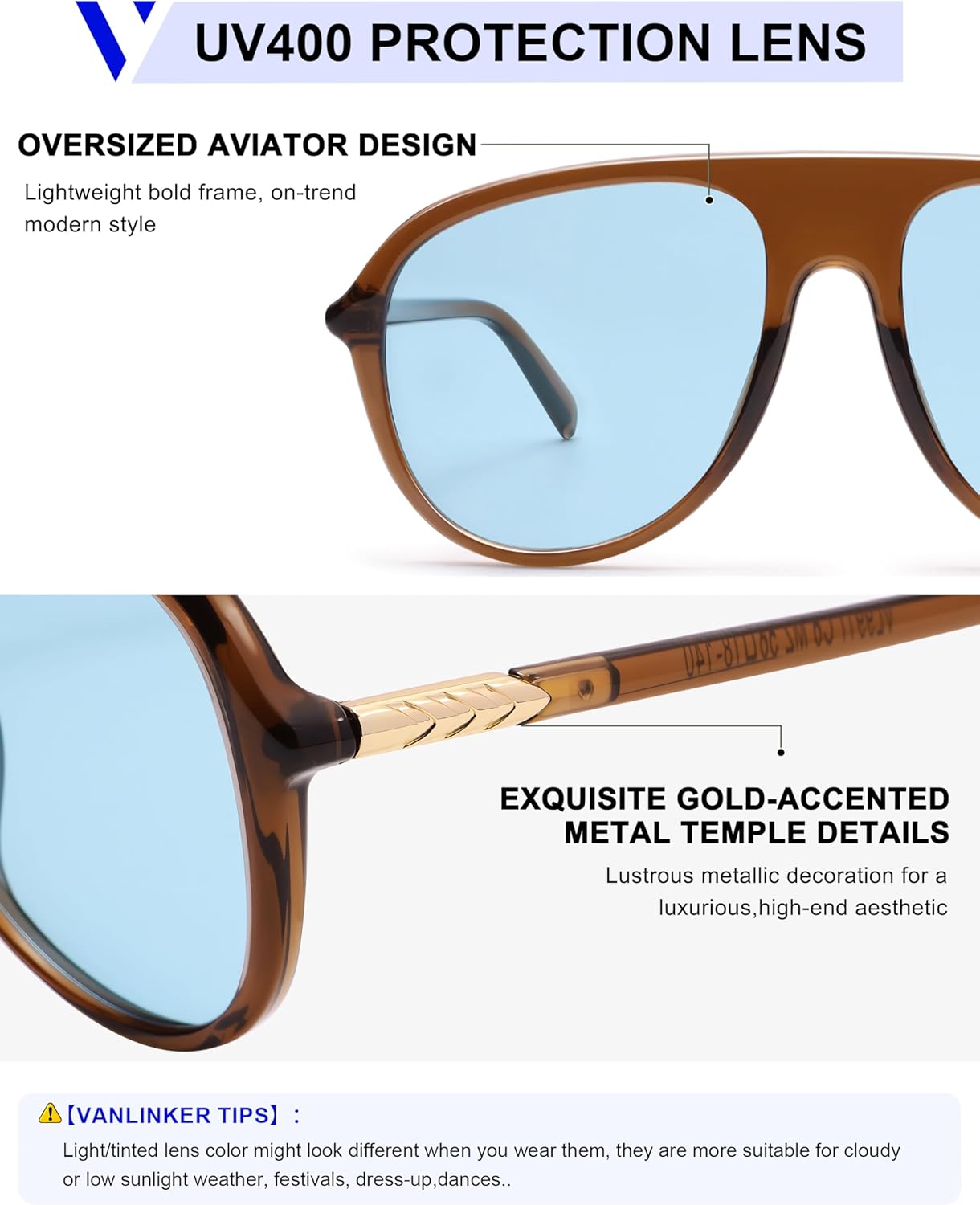VANLINKER Oversized Aviator Sunglasses for Women Men Trendy Retro 70s Large Big Sun Glasses VL9911 - Image 4