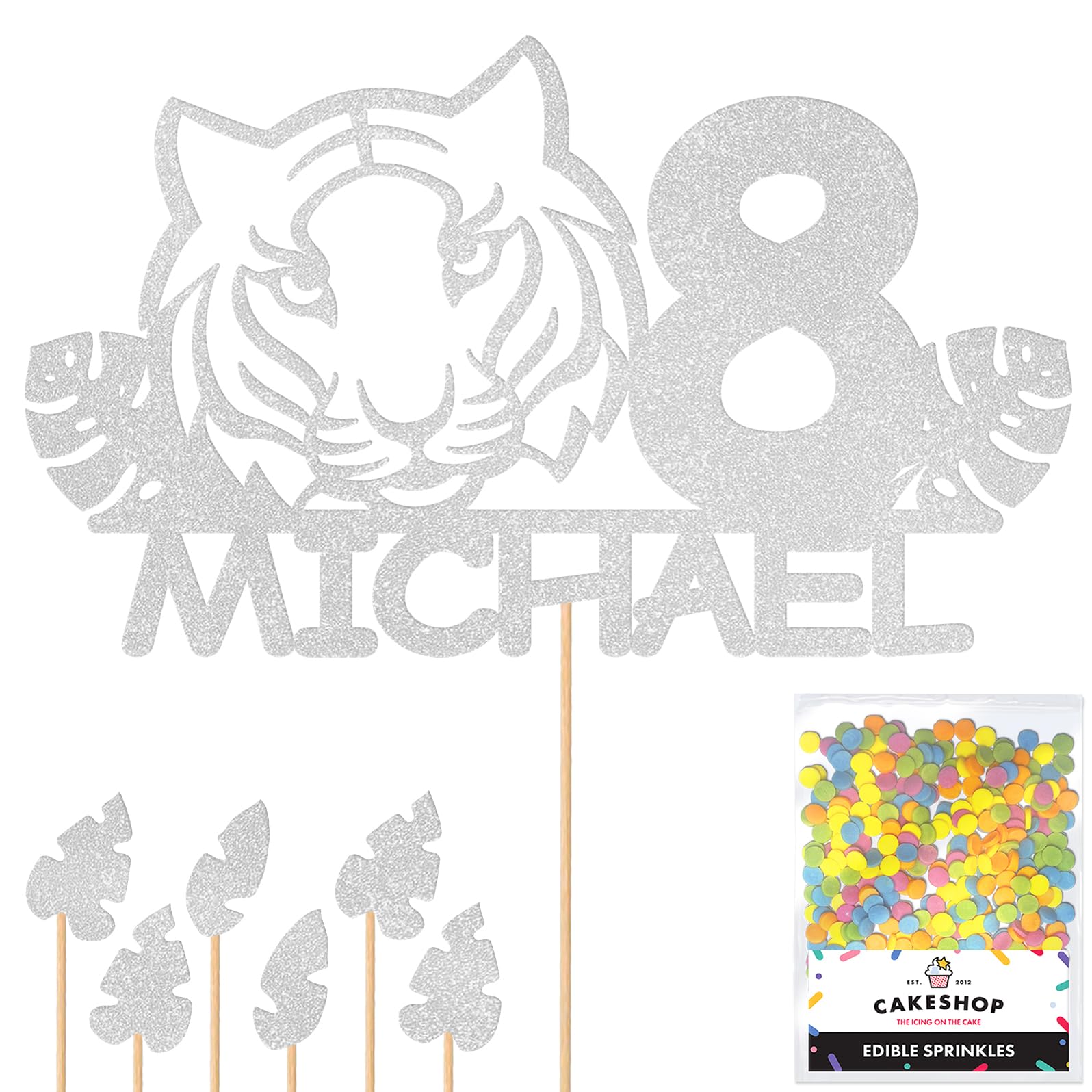 Personalised Birthday Jungle Tiger Glitter Cake Topper Silver Any Custom Age & Name Glitter Cake Decoration and Sprinkles - Happy Birthday Decorations - Personalised Toppers for Cakes by Cakeshop โ image 1