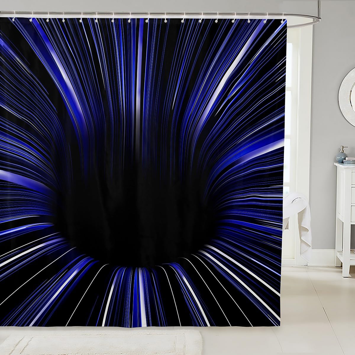 Erosebridal Black Light Navy Blue Shower Curtain Set 3D Black Hole Abstract Geometric Bathroom Shower Curtain 72" Wx72 L,Modern Swirl Striped Bath