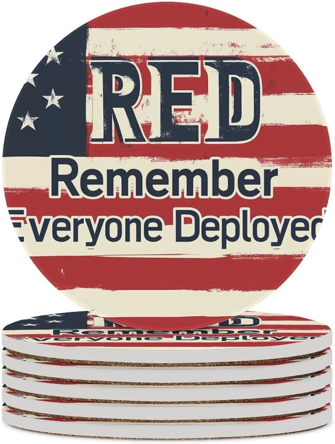 Remember Everyone Deployed Round Ceramic Coasters for Drinks Absorbent Cup Holder Tabletop Protector with Cork Base