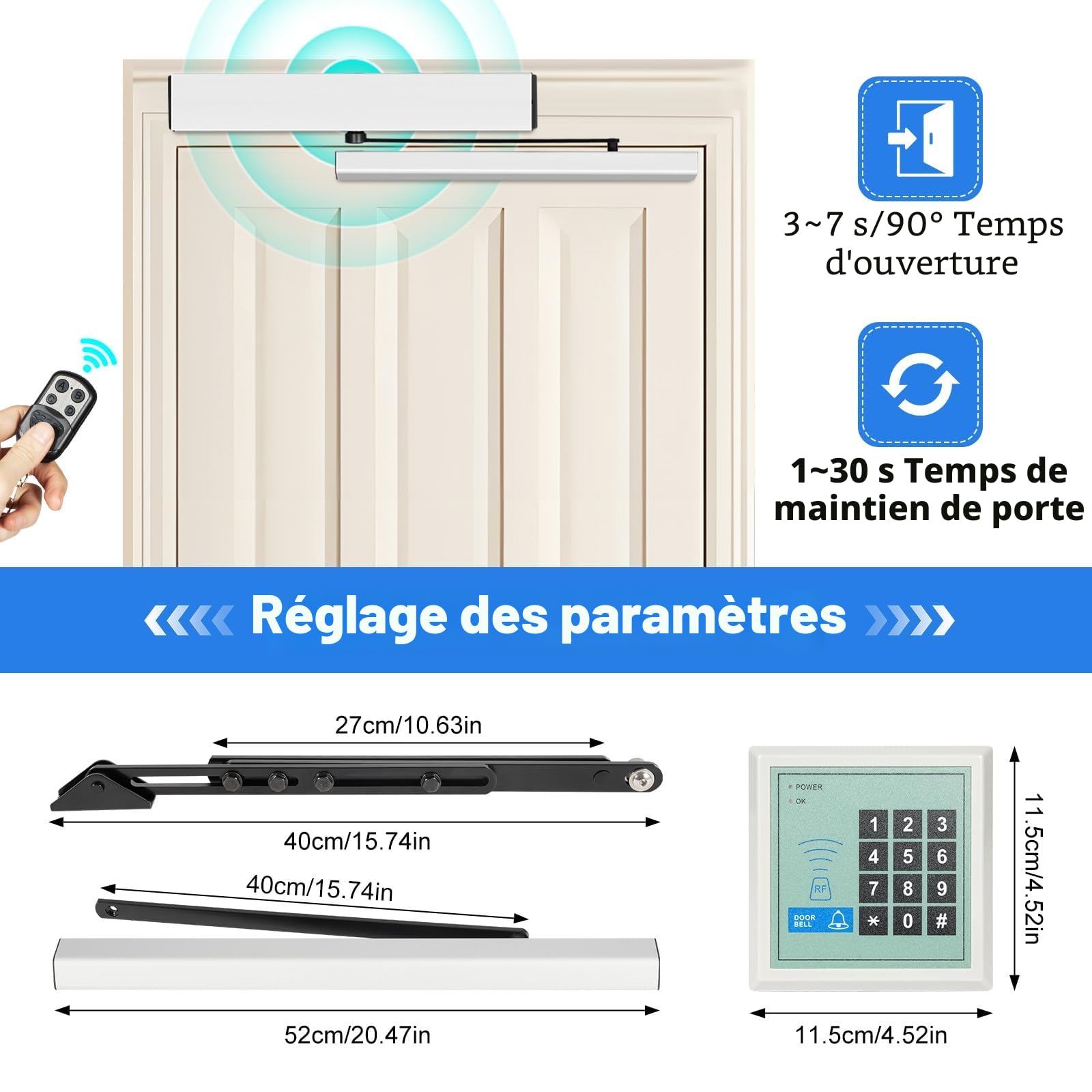 Ouvre-porte battant automatique 50 W avec télécommande 100 kg 4 modes d'ouverture automatique Angle d'ouverture 120° Ferme-porte avec détection d'obstacles Silencieux 55 dB pour intérieur
