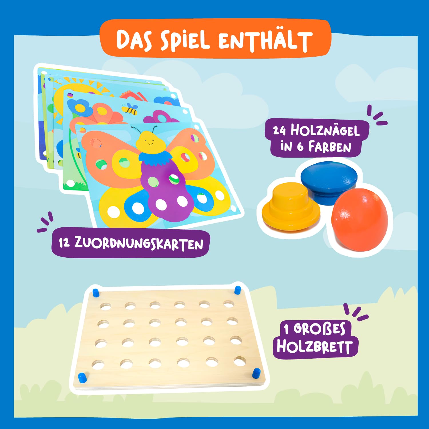 Nene Toys Holz-Steckspiel für Kleinkinder ab 2 Jahren – Mosaik-Steckspiel für Kinder 2–3 Jahre – Montessori Spielzeug mit Holzsteckern & Zuordnungskarten – Lernspiel für Jungen & Mädchen