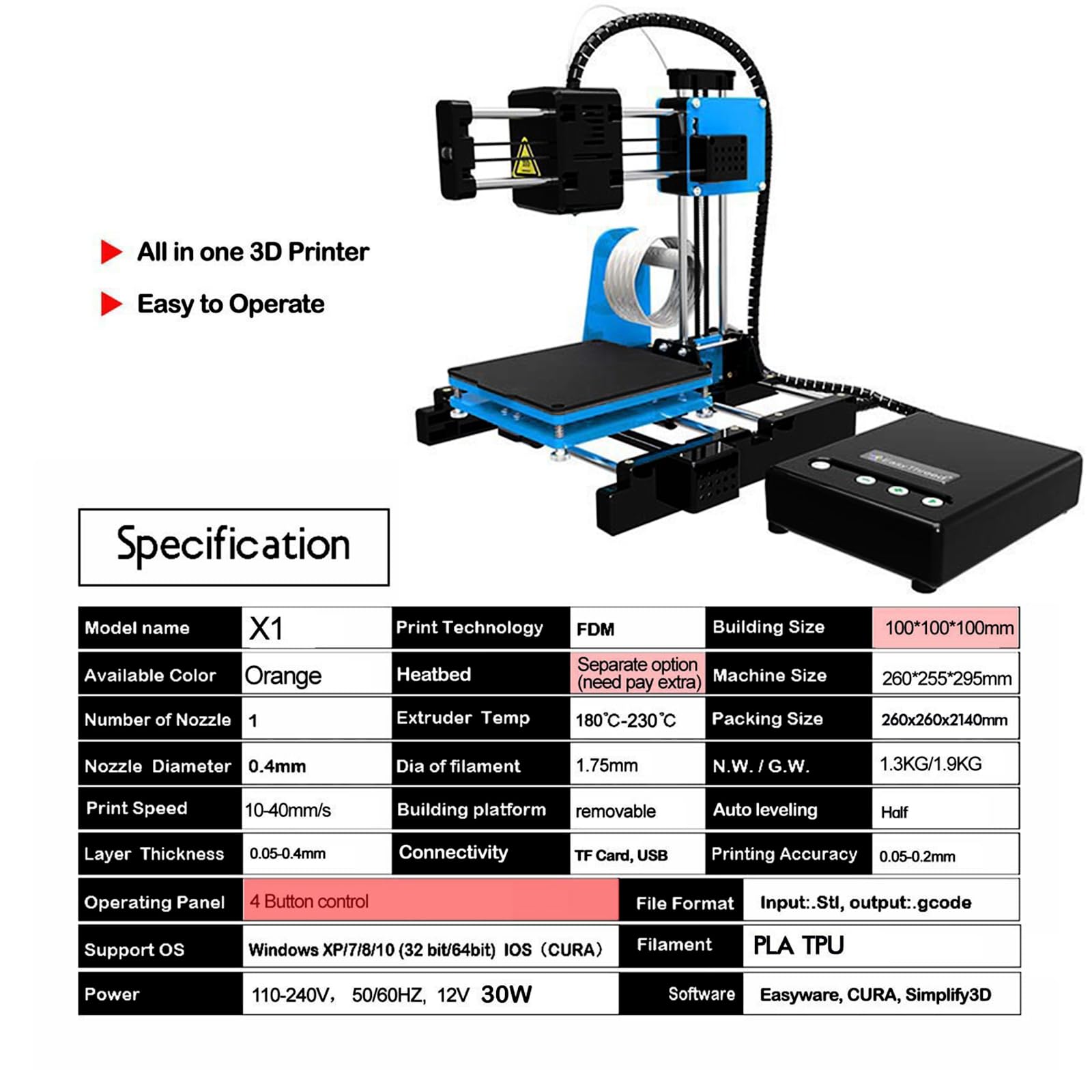 Desktop-3D Drucker, vollständig zusammengebauter 3D Drucker mit 0, 4-mm Düse für und Anfänger, Druckgröße 100 x 100 x 100 mm, große Druckgröße