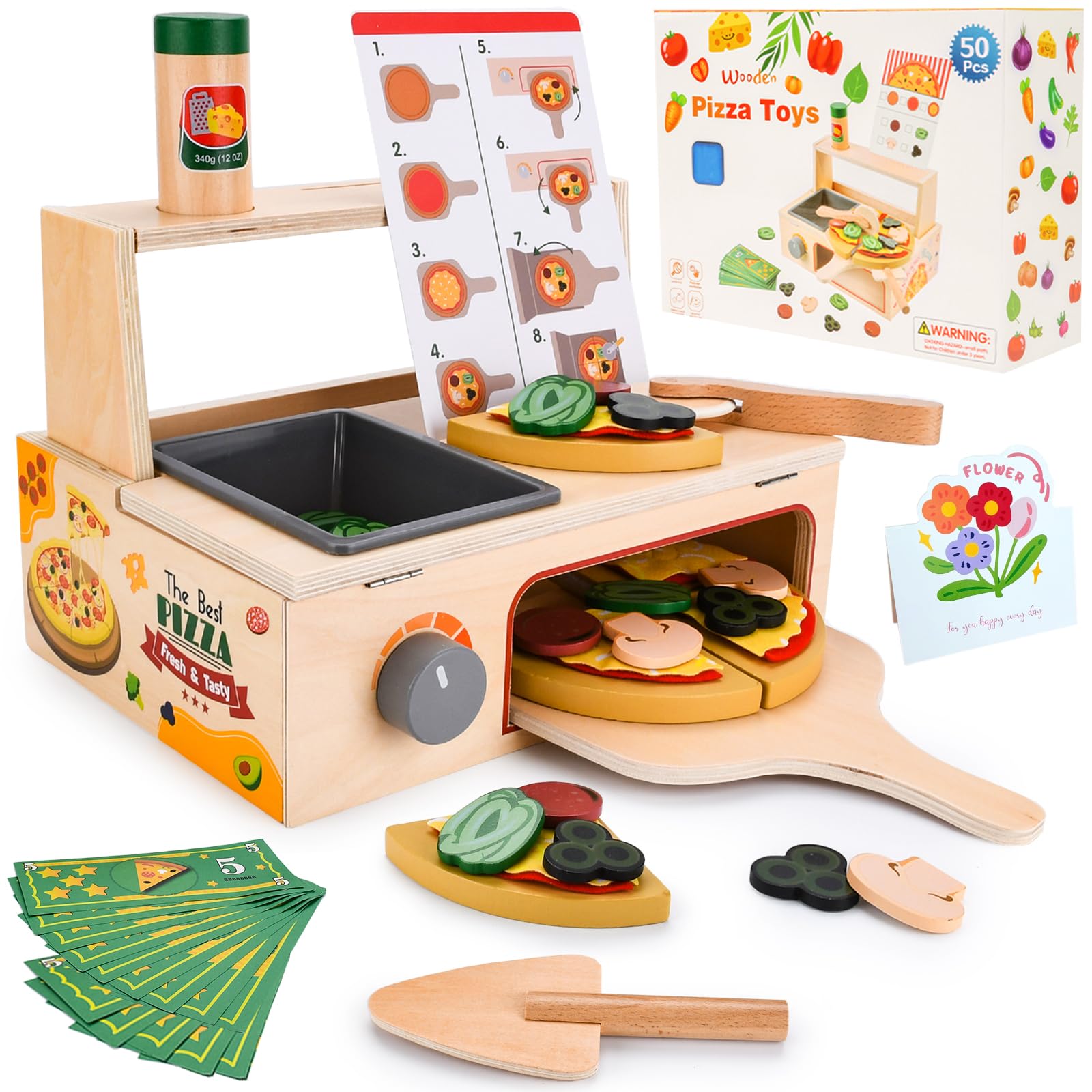 JOYBOY Pizza Giocattolo in Legno,Set Pizza in Legno,Set da Gioco per Pizza,Giocattolo Educativo per L'apprendimento Playset in Legno con Forno,Regalo di Compleanno di Natale per 3 4 5 6 Anni