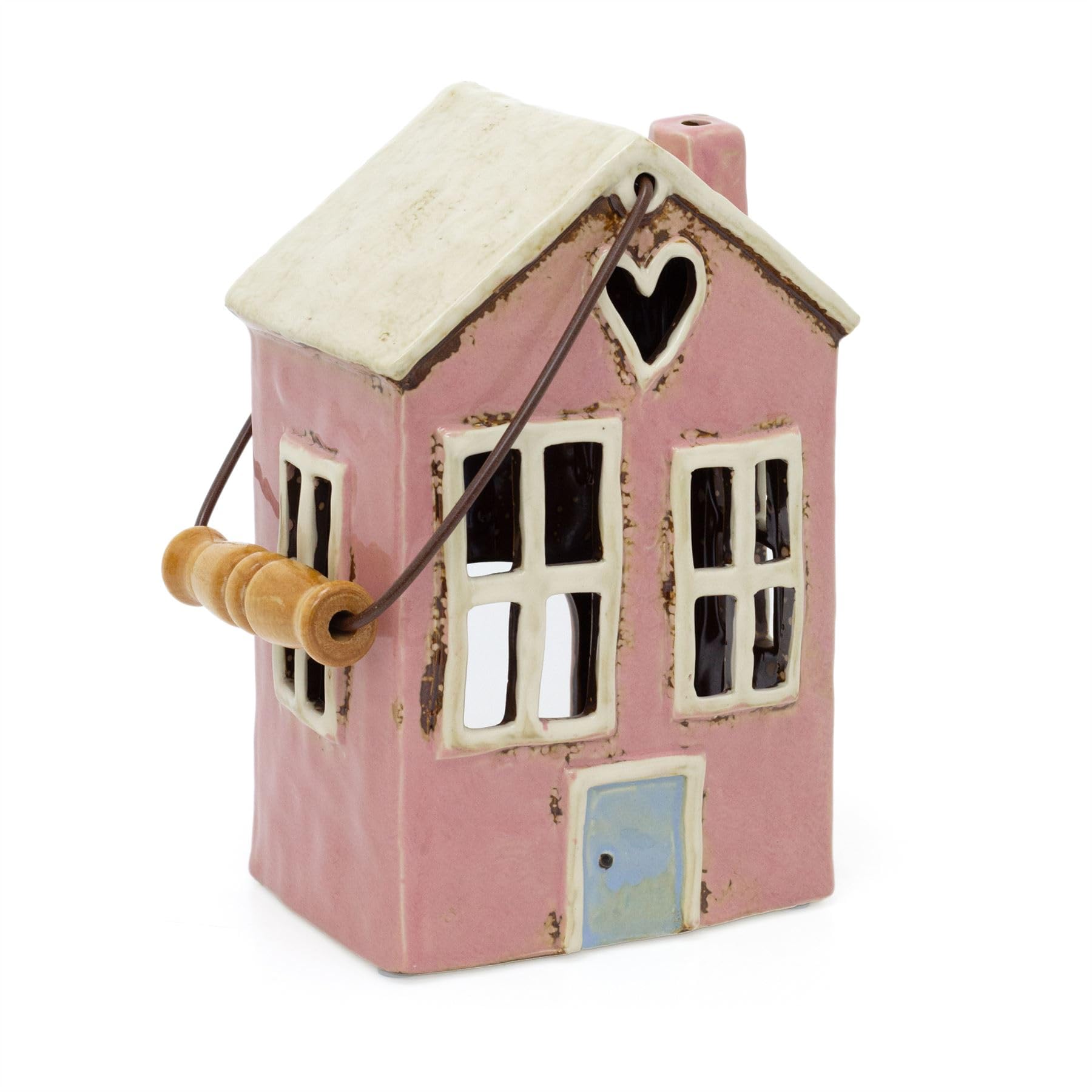 Rustic Pink Ceramic House Tealight Holder | Distressed Tea Light Lantern with Handle Holder | Candle Holder House - 20.5cm