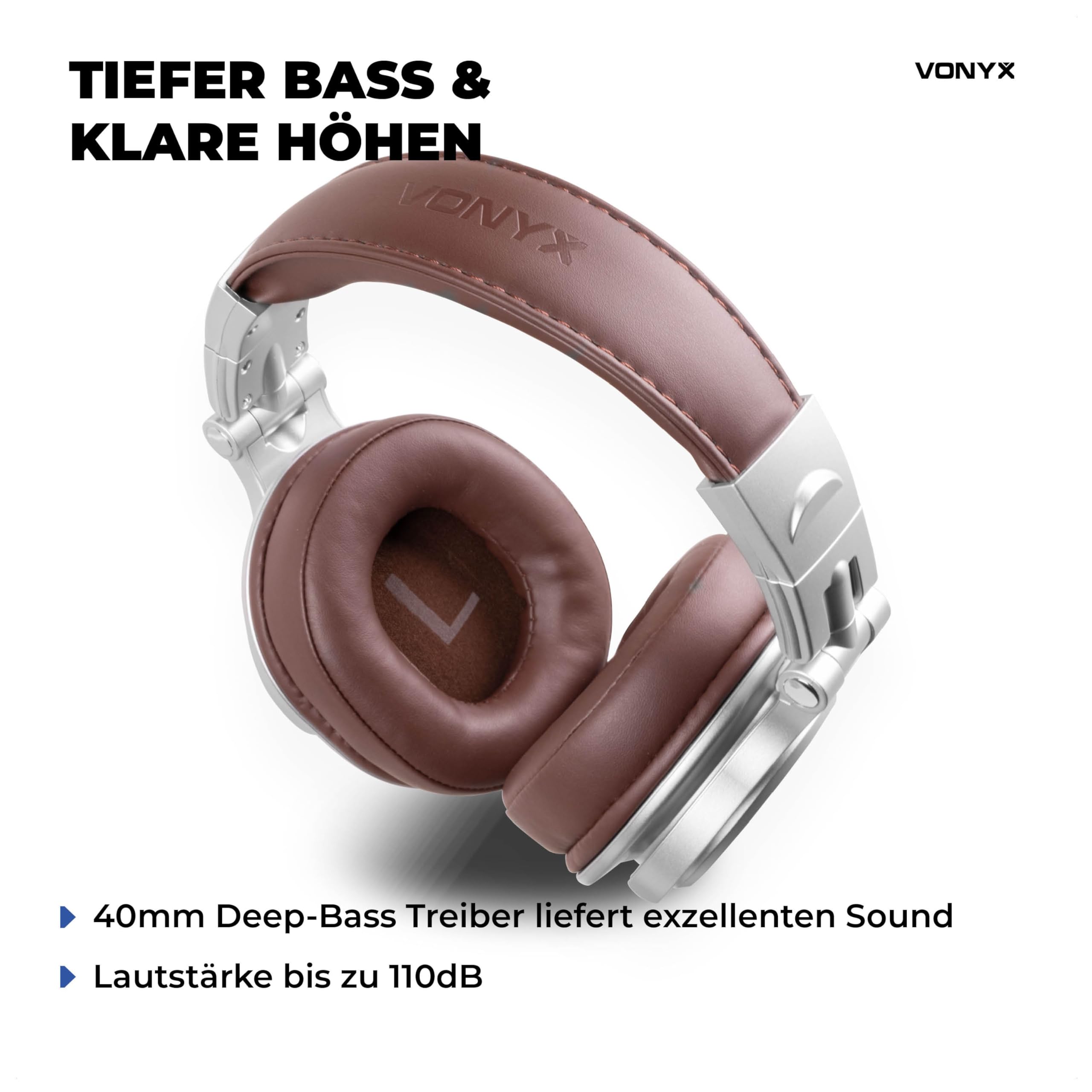 Vonyx HDX120WSN - Over Ear Kopfhörer Bluetooth, 75 Std. Akku, 40mm Treiber - Tiefer Bass, Studio Kopfhörer Kabellos - 3,5/6,3mm Klinke – Faltbar & Drehbar, Bluetooth Headphones mit Tasche - Alu/Braun