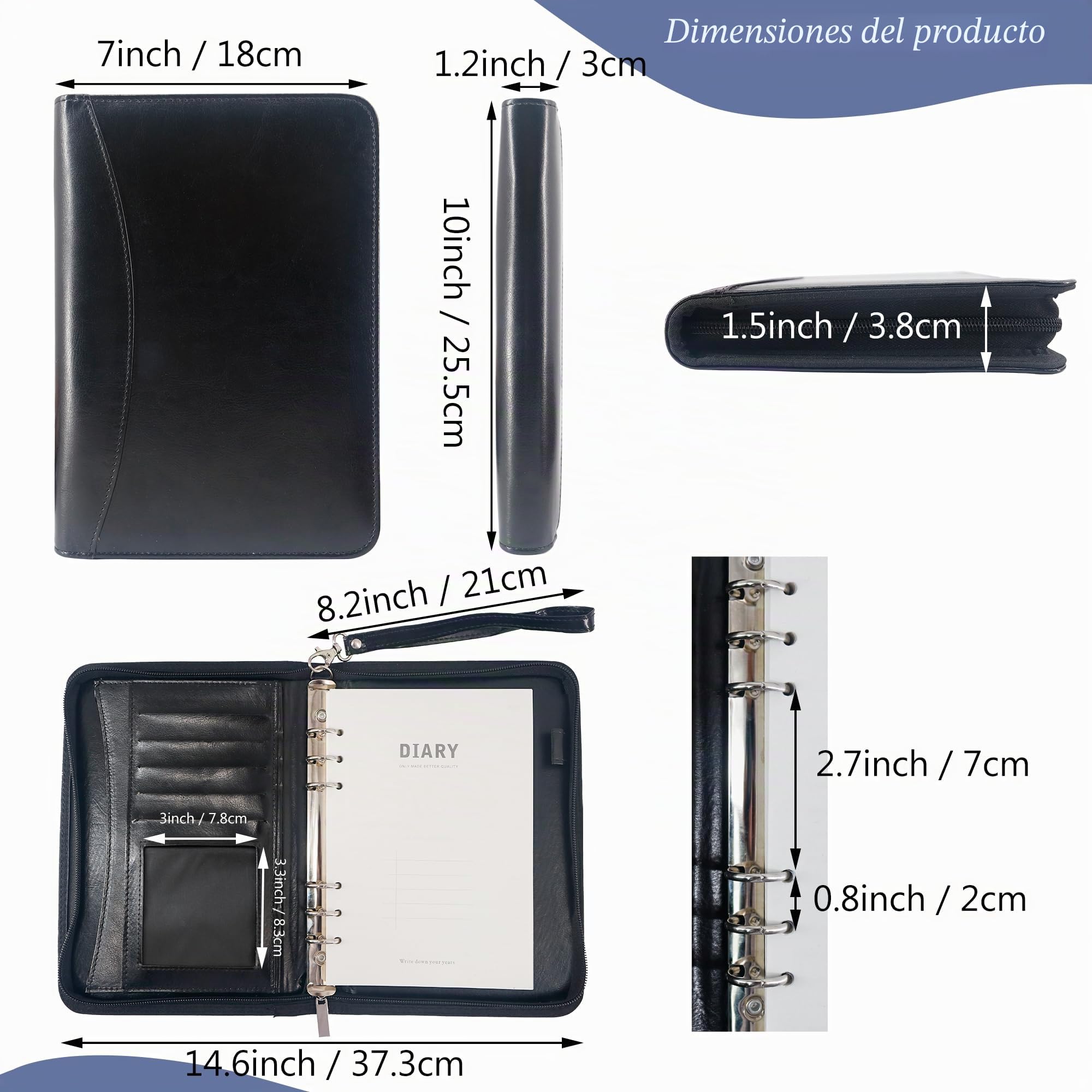 GraduatePro A5 Carpeta de Conferencias Zipper Cuero, Carpeta de Documentos para Viaje, Carpeta Organizadora Personal Agend, Diseñado para Negocio y para Tomar Notas, Negro