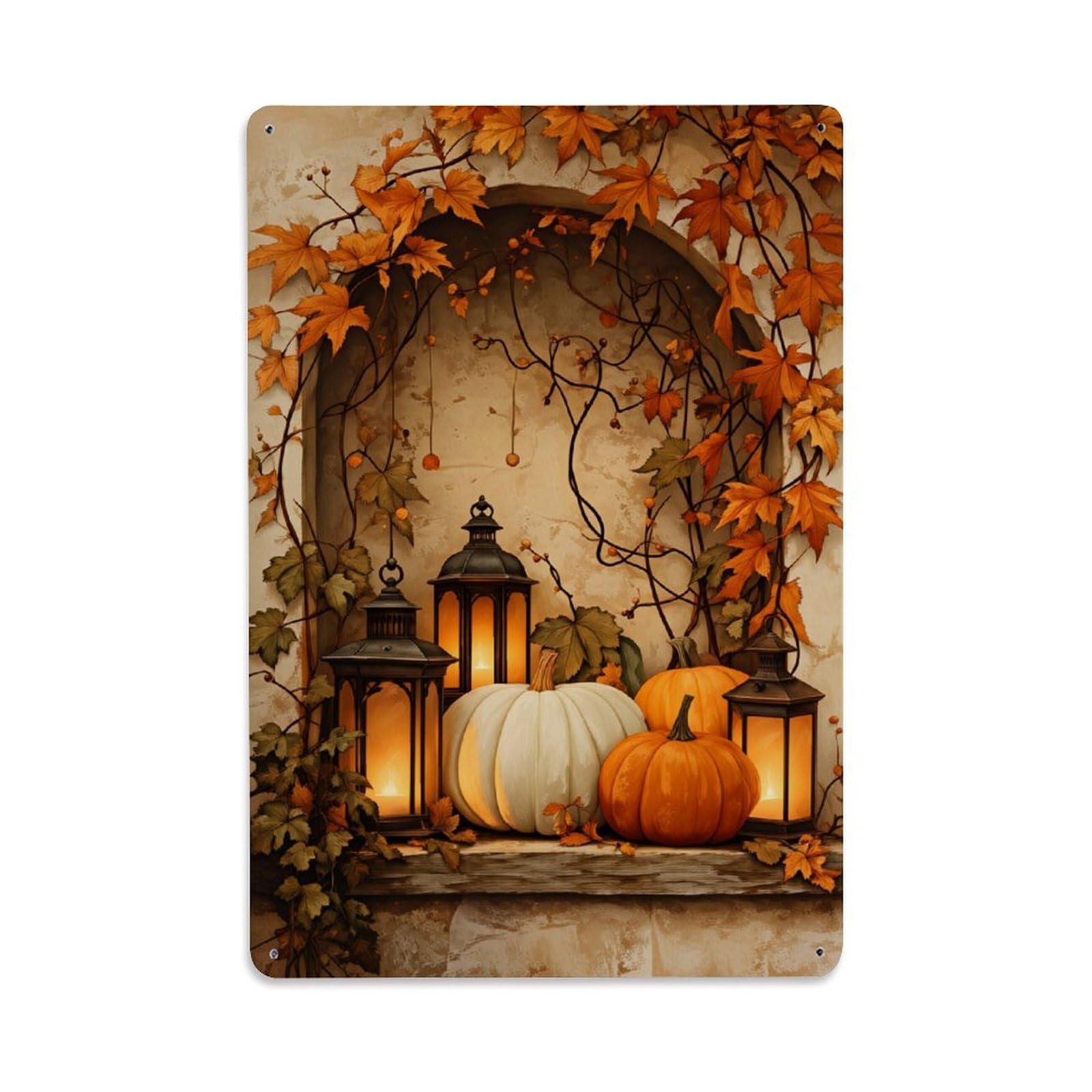 Enderetf Vintage Autumn Leaves Pumpkins Lanterns Vine Tin Sign Metal Poster, Home Bar Garage Man Cave Cafe Indoor & Outdoor Wall Decoration 8X12inches