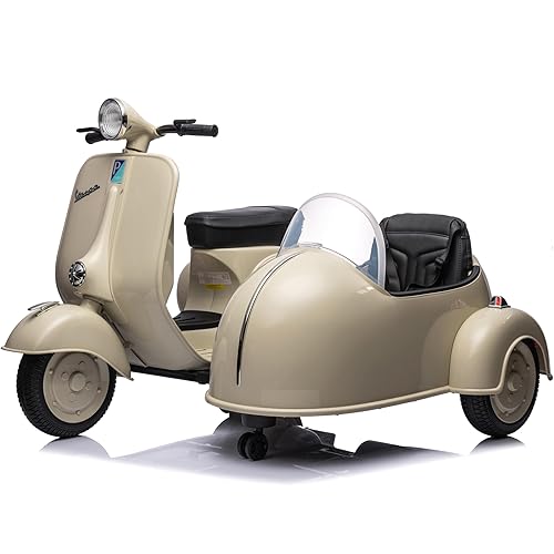 Retro Licensed Vespa Electric Ride-On Motorcycle with Sidecar & Windshield,12V Motorcycle for Kid with Headlight, Music Board, Storage Box Ride on Motorcycle Hold up 132Lbs (Gray)