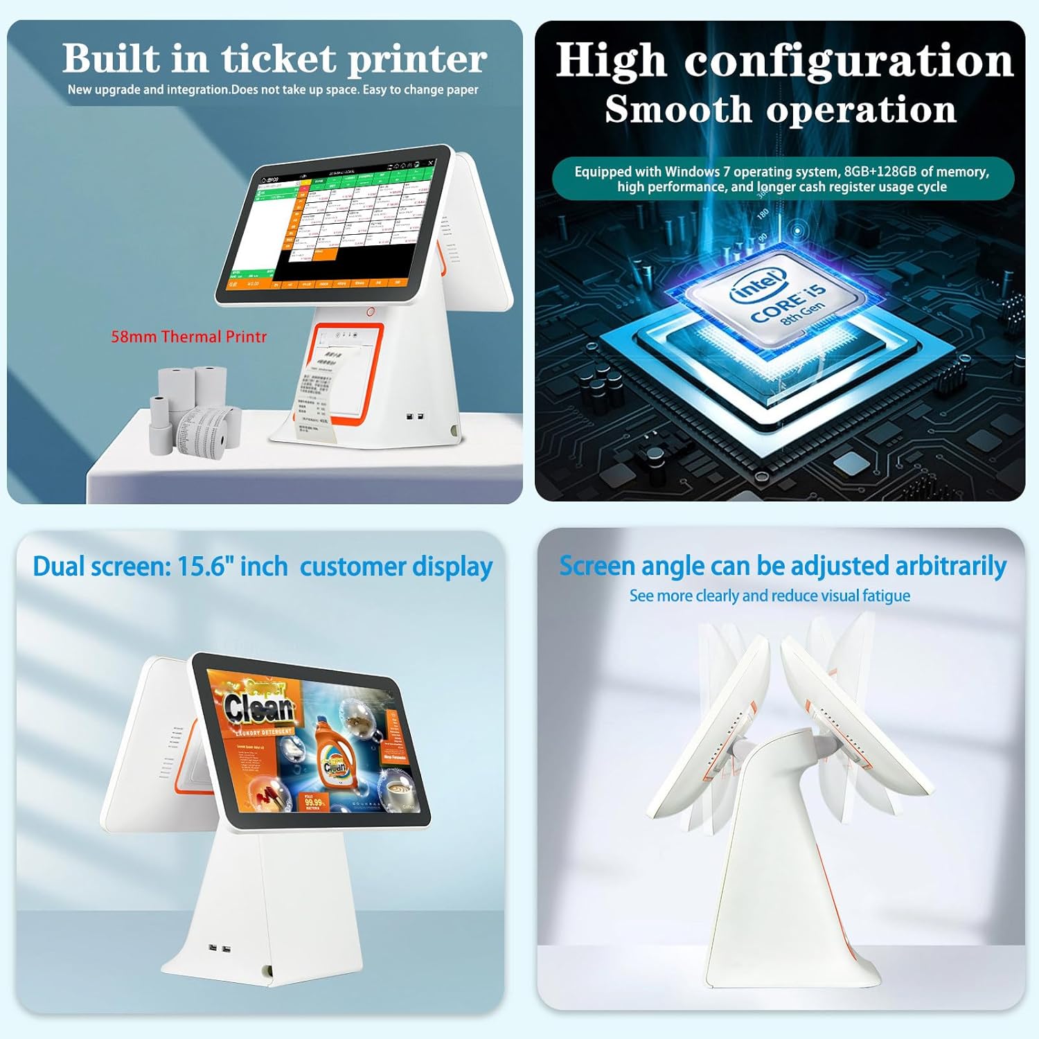 レジスター 小型, 15.6 インチ モニター キャッシュレジスター、レストラン向けオールインワン POS マシン ソフトウェア H  デュアルスクリーン 15.6インチPOSシステム、サーマルプリンター、バーコードスキャナー、キャッシュドロワーを備えたオールインワンの ... 中小  ...