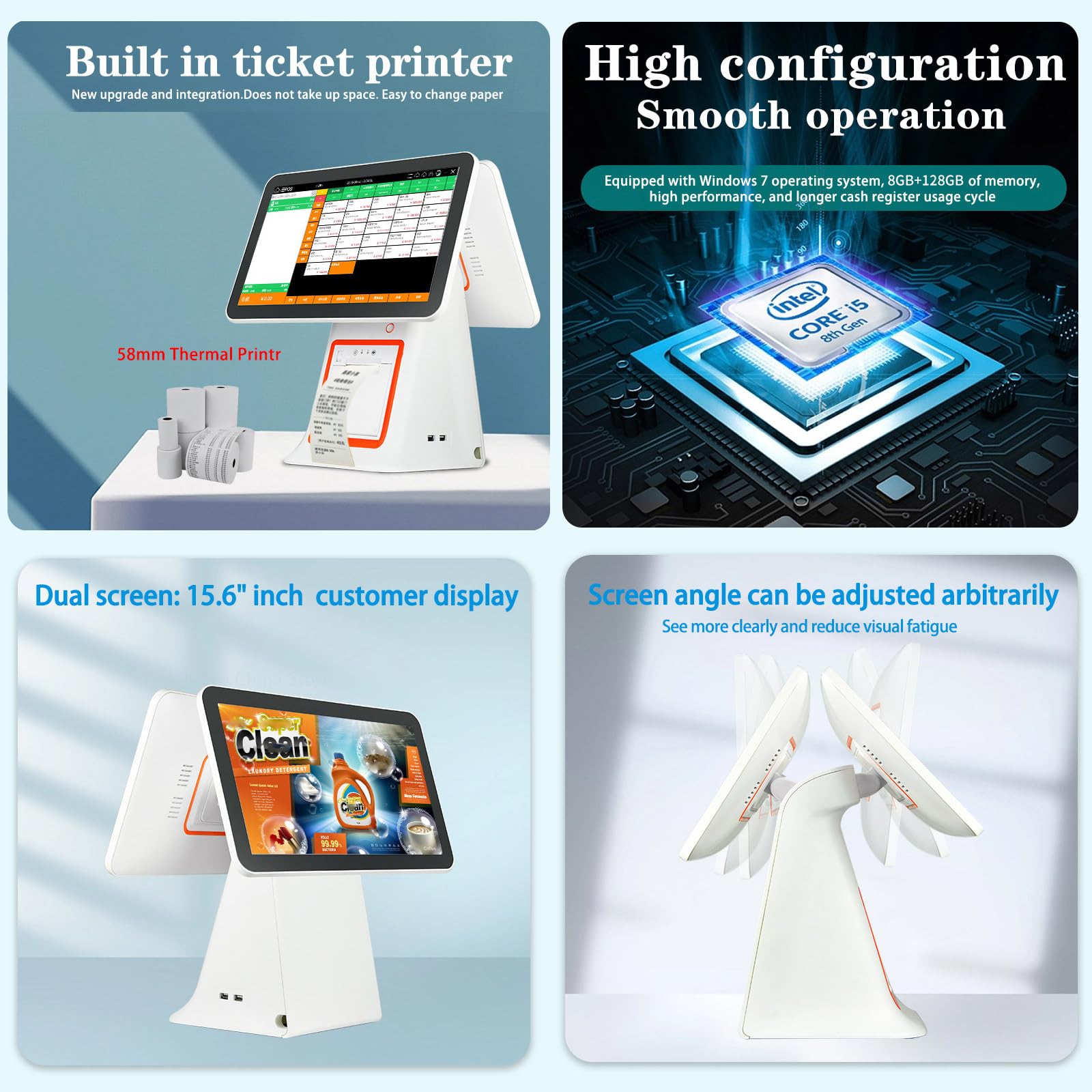 Caja registradora táctil de doble pantalla, sistema TPV táctil de 15,6 pulgadas para pequeñas empresas, módulo WiFi para caja registradora todo en uno(White)