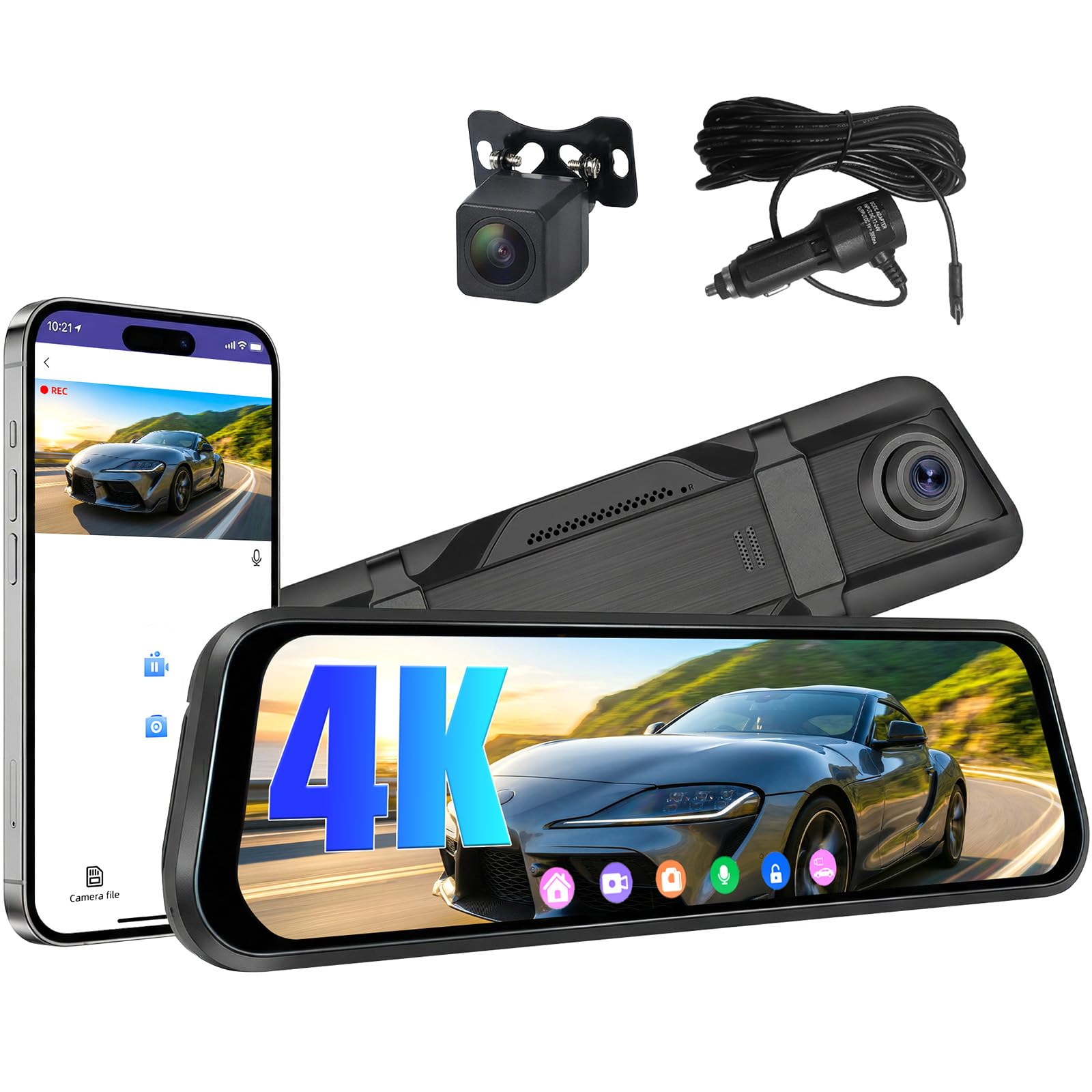 SIXTOP Cámara de Salpicadero Espejo 9,66 Pulgadas y Cámara de Visión Trasera | 4K Frontal + 1080p Trasera | Visión Nocturna WiFi y Control Aplicaciones BSD LCA Sensor G Grabación en Bucle