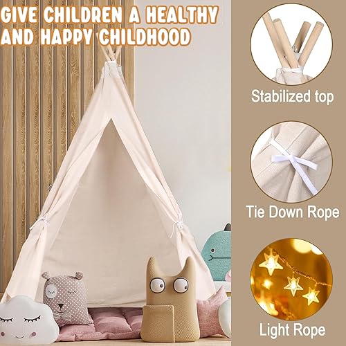 Miniatura 3 de Tienda de campaña tipo tipi para niños, tiendas de campaña de juego con luces de estrellas, tienda de campaña de lona de algodón para niños pequeños