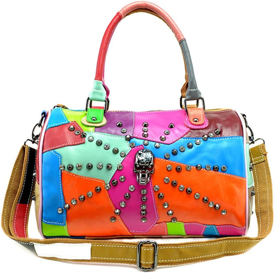 LQT Women's Fashion Retro Sheep Leather Special Rivert Skull Zipped Shoulder Bag Handbag Tote Cross-Body Bag Multicolour Genuine Leather Bag