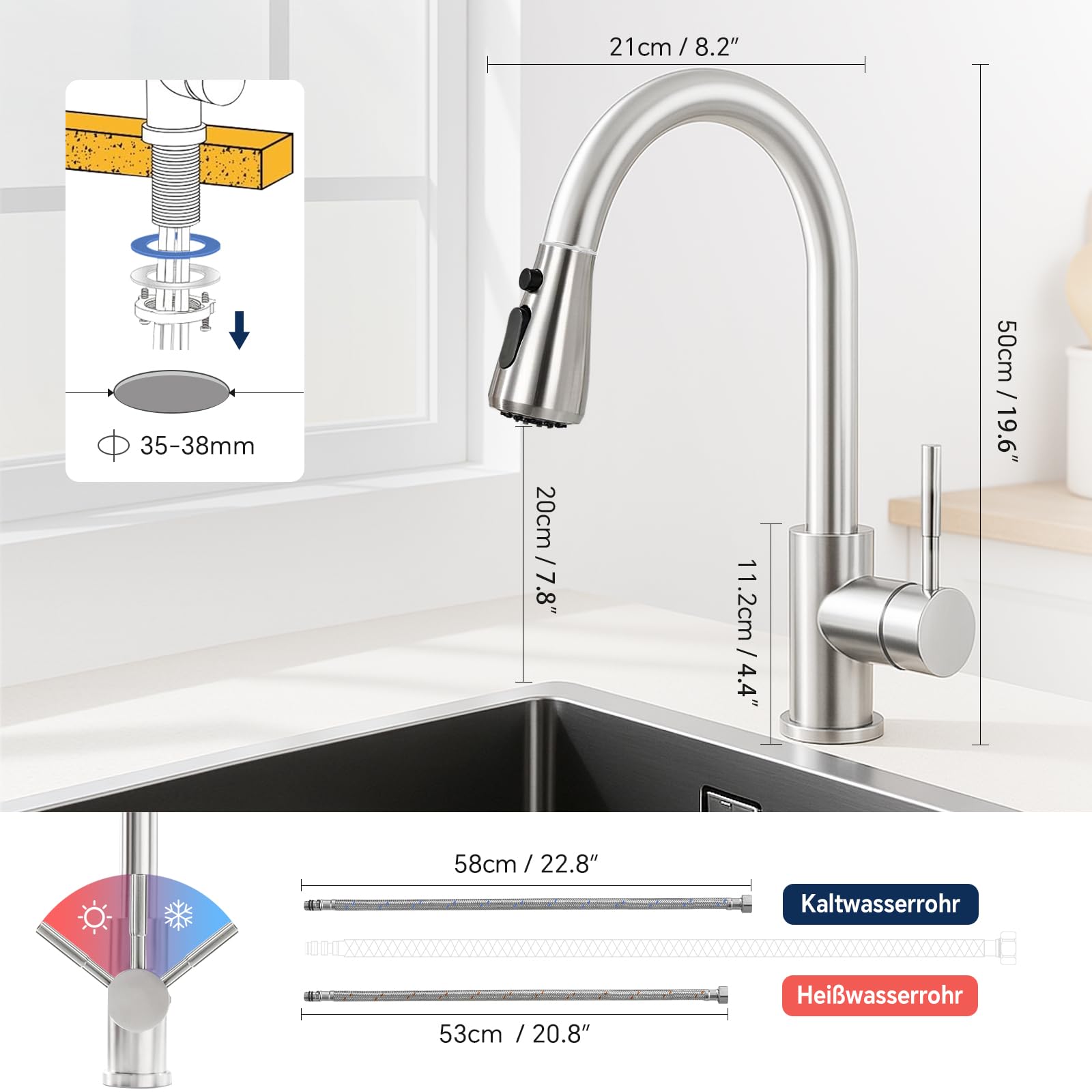 SURFOU Robinet Cuisine, Pulvérisateur Extractible 2+1 Modes, Rotatif à 360°, Mitigeur Chaud et Froid à Haute Pression en Acier Inoxydable, Design Moderne, Facile à Installer, Durable
