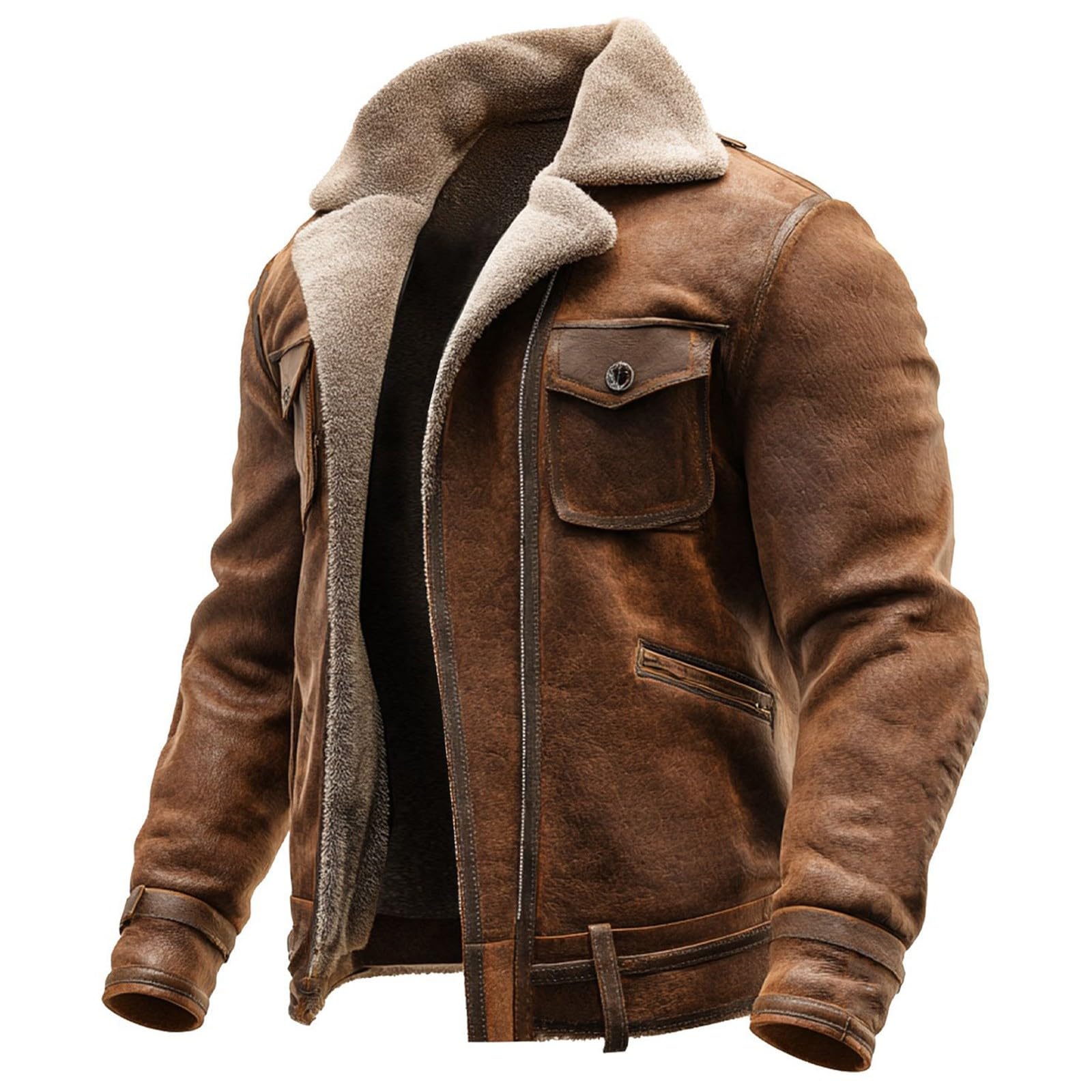 Giacca da camionista da uomo vintage in shearling con colletto in pile