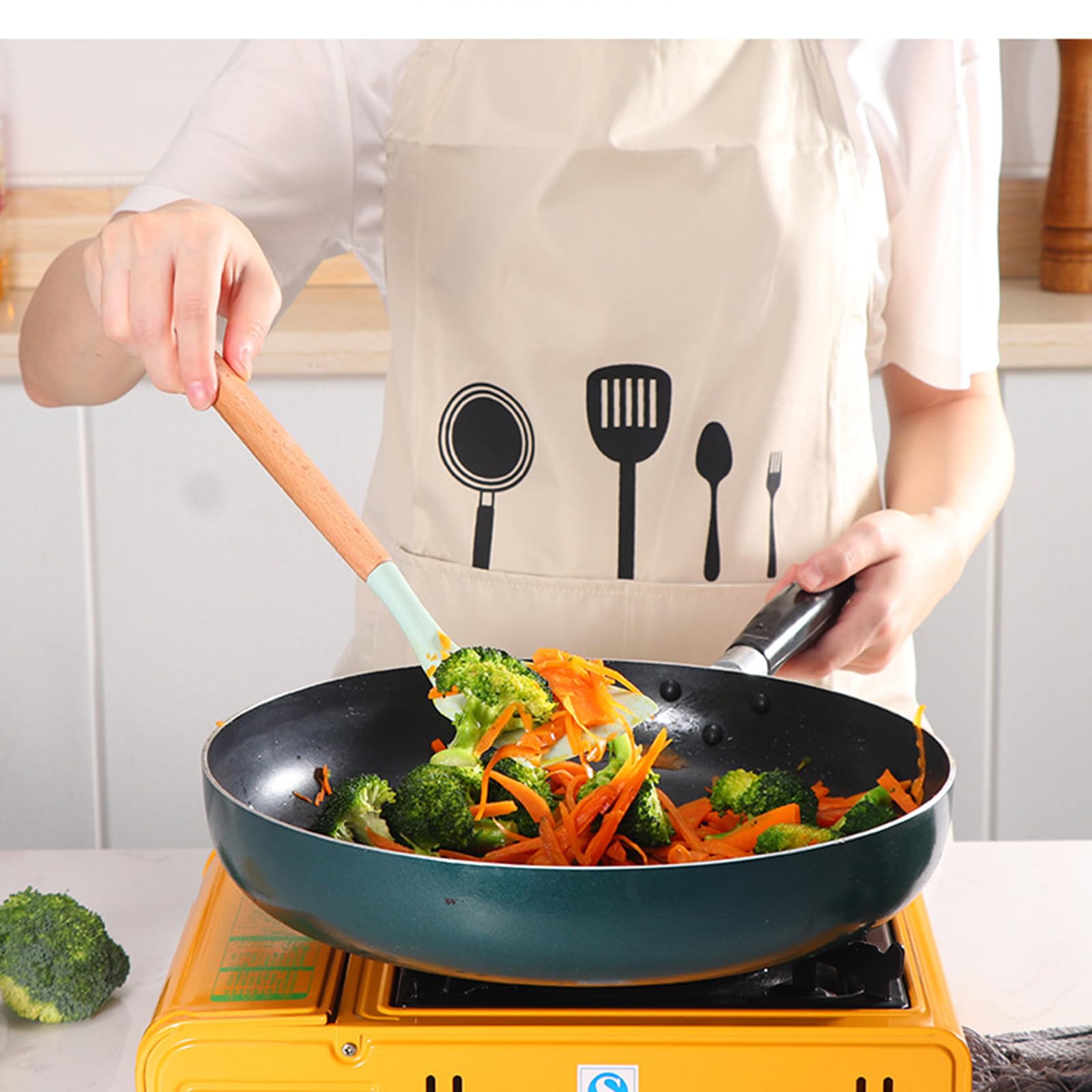 11 Pezzi Set Utensili Cucina Silicone, Set Di Utensili Da Cucina Con Porta Utensili, Mestoli Cucina Silicone Antiaderente Con Manico in Legno, Pentole, Set Mestoli Cucina Resistenti Al Calore