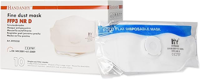 Handanhy HY9332 (x10) NR D Premium Disposable Respirator - FFP3 Face Masks with Exhalation Valve - CE Marked Certified & Tested by BSI, Individually Wrapped (Pack of 10)