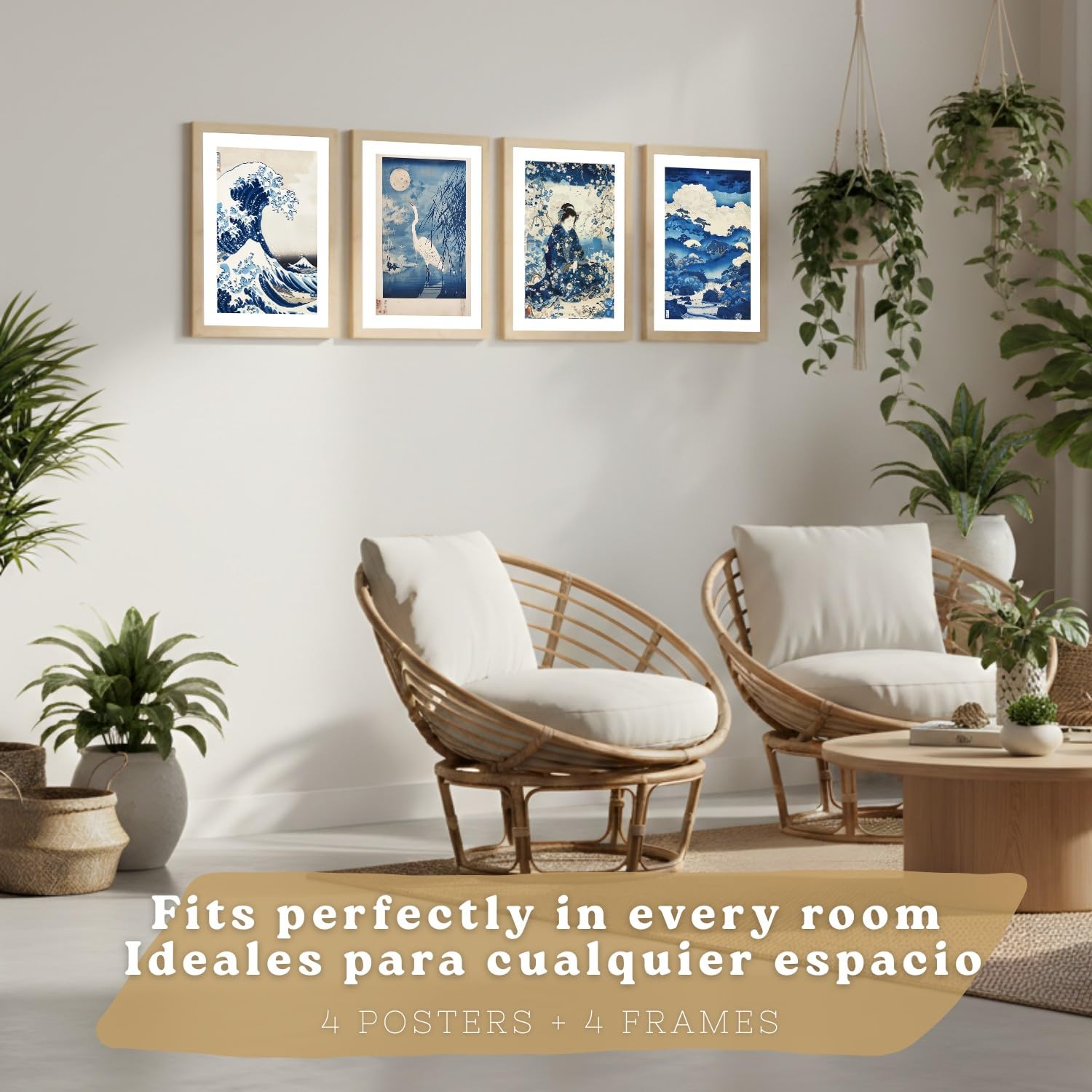 Nacnic Juego De 4 Laminas Decorativas Pared Estilo Japon. Cuadros Salon Modernos - Posters Decorativos Azules Orientales. Arte Japones. Decoración Dormitorios. A3 Marco Madera Clara