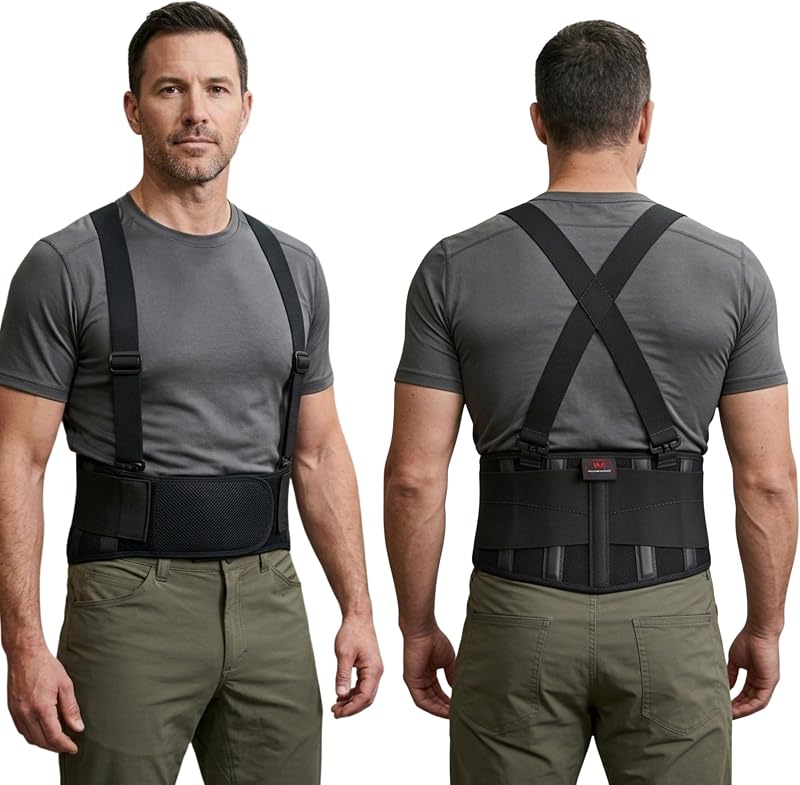 McDavid Soporte para espalda con tirantes, soporte lumbar ajustable con estancias de acero para estabilidad de la parte inferior de la espalda durante todo el día y alivio del dolor, color negro