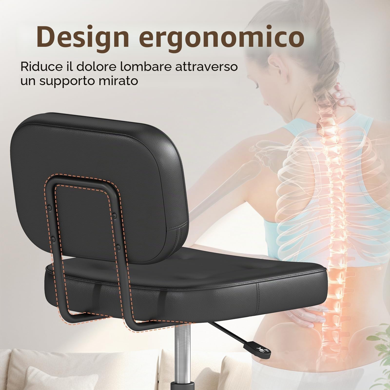 AnyGod Sedia Da Scrivania Senza Braccioli per Ufficio Domestico, Sedile Girevole Compatto con Altezza Regolabile e Ruote, Sedia Ergonomica A Schienale Basso in Pelle PU Nera