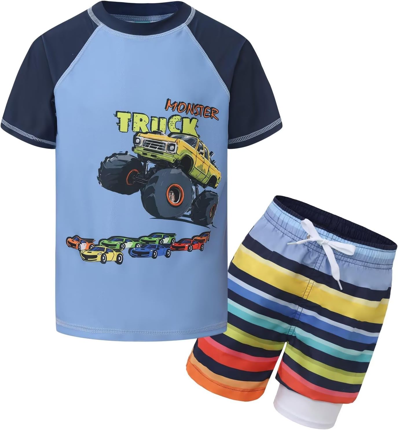 Boys Swim Set, Rash Guard Swimsuits Set Short Sleeve Bathing Suit with Compression Liner Swim Trunks Swimwear 3-16 Years