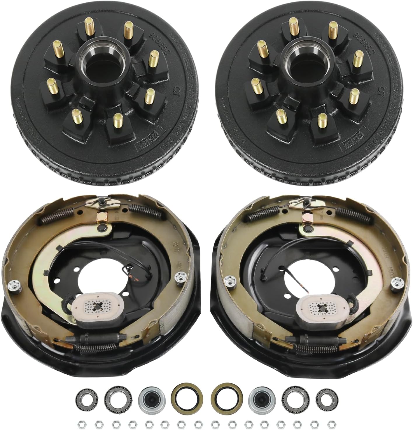Trailer Hub Drum Kits 8 on 6.5" B.C. with 12" x 2" Electric Brakes Assembly for 7K Axle 9/16" Studs Complete Left + Right Set