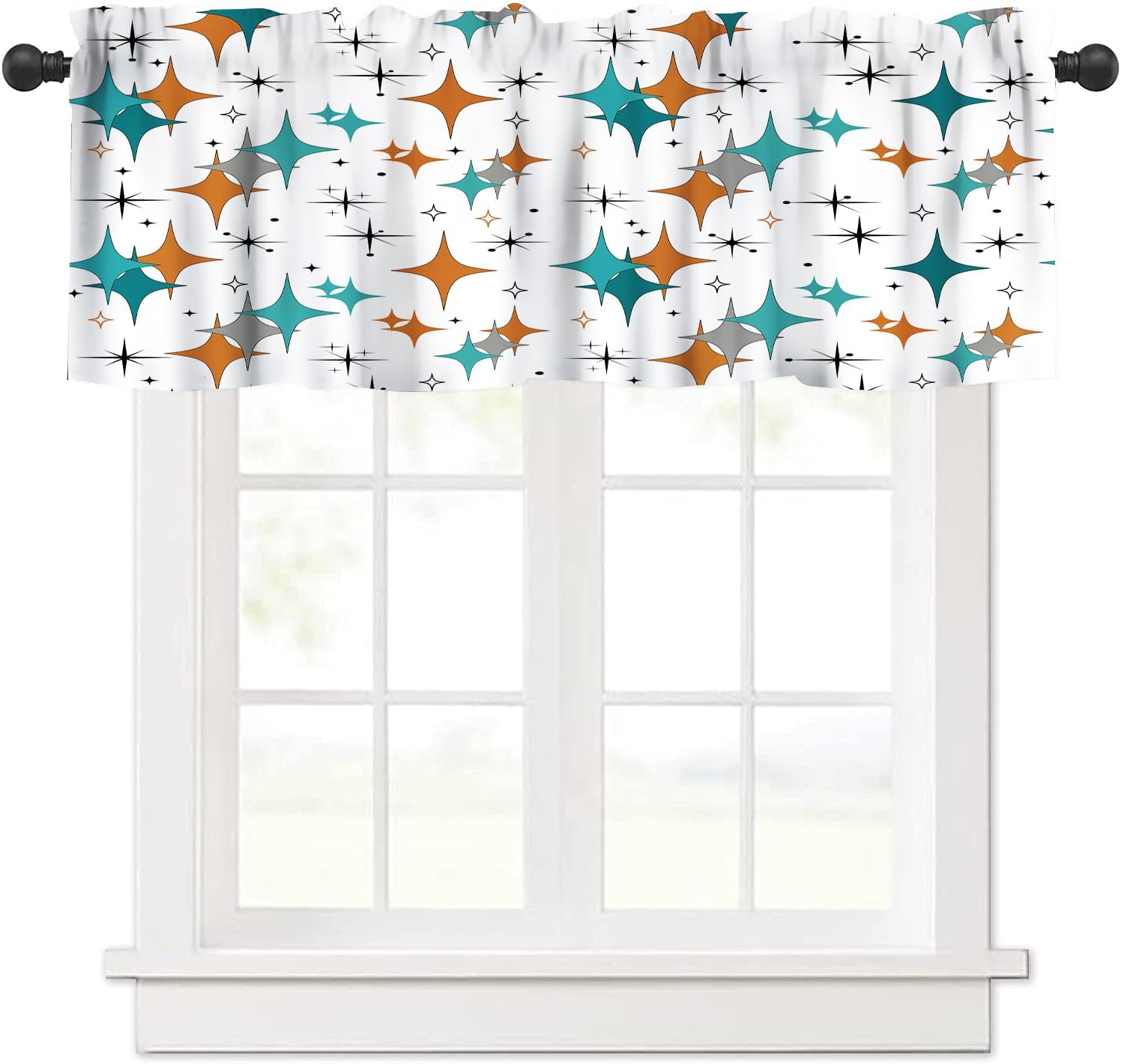 Mid Century Modern Valance Curtain Vintage Teal Orange Geometric Atomic Abstract Pattern 1950s 1960s Retro Style Window Treatment for Kitchen Living Room Bedroom Dining Room 54x18In