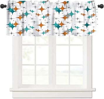 Mid Century Modern Valance Curtain Vintage Teal Orange Geometric Atomic Abstract Pattern 1950s 1960s Retro Style Window Treatment for Kitchen Living Room Bedroom Dining Room 54x18In
