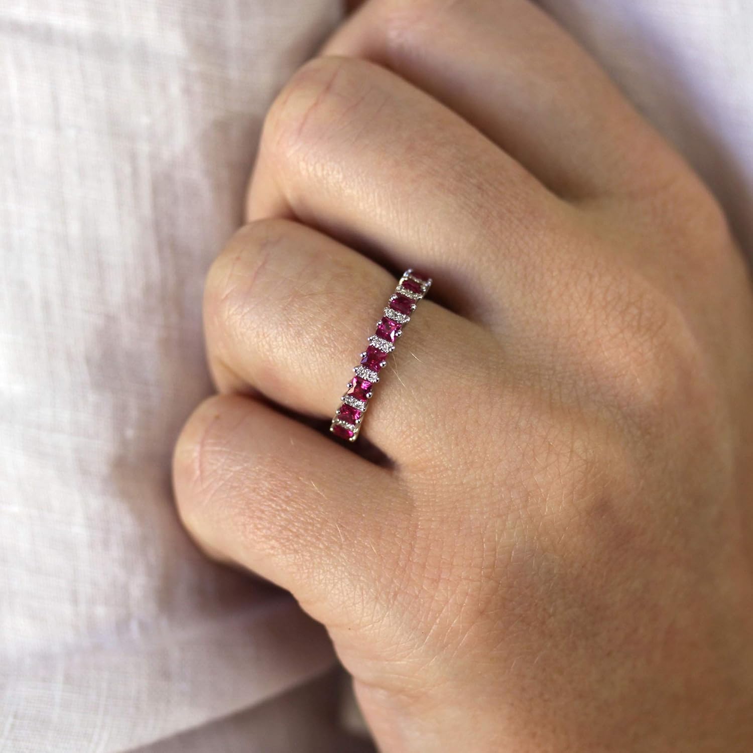 Solid 14k White Gold 1 ctw Natural Red Princess Cut Ruby and Diamond Stackable Band Ring for Women 3 mm - Handmade in USA - July Birthstone