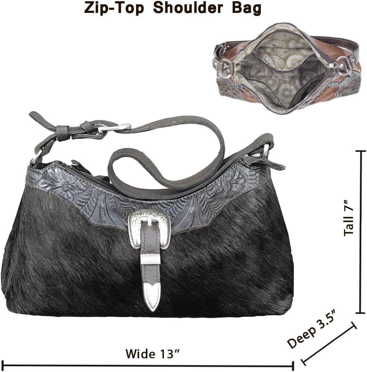 American West Handcrafted 100% Genuine Leather with Hair-On Cowhide Zip-Top Shoulder Bag Cow Town Collection Western | Genuine Hair-On Hide