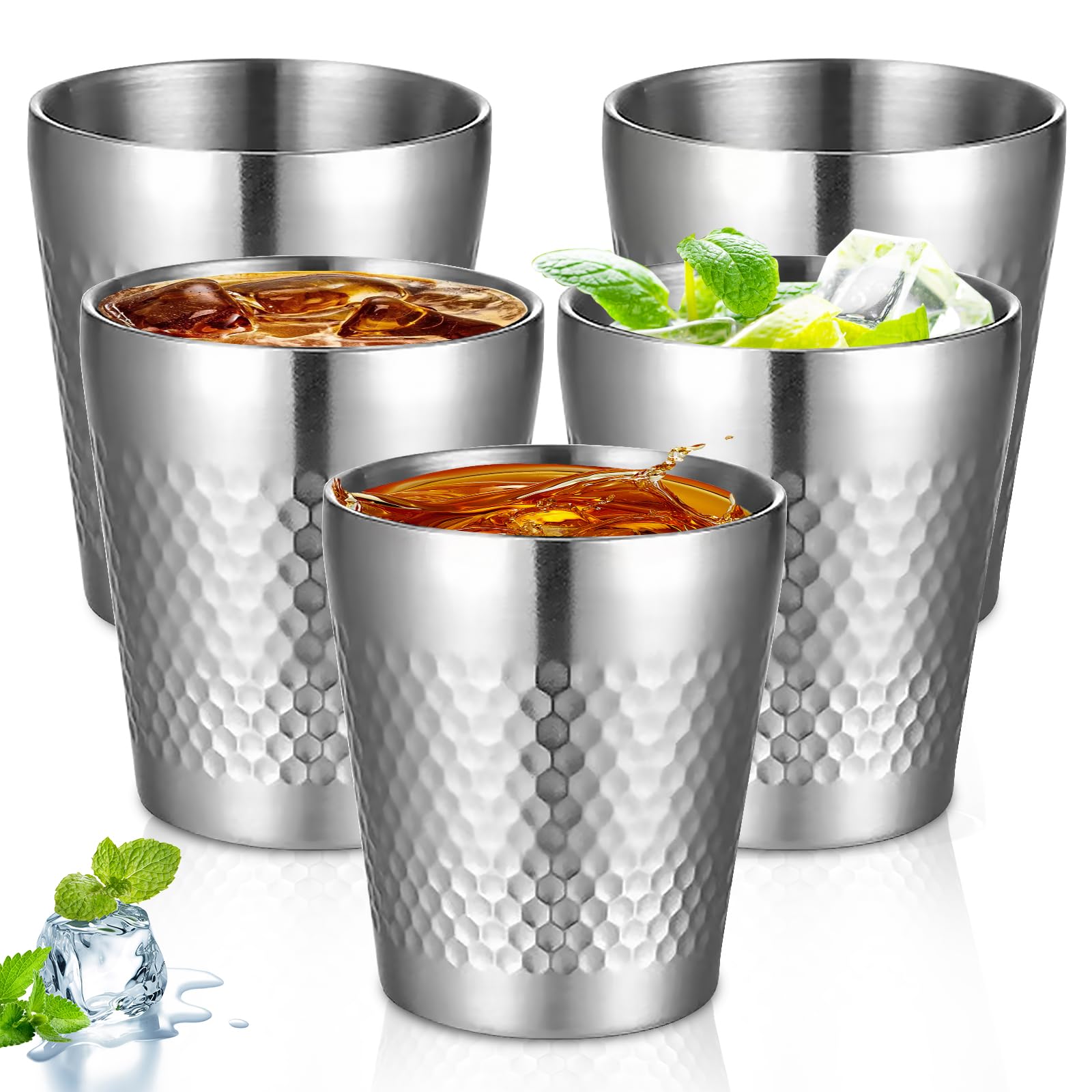 5 bicchieri in acciaio inox, 300 ml, impilabili a doppia parete, in metallo, infrangibili, motivo a martello, tazze da campeggio, tazze isolate in acciaio inox, per birra, succhi di frutta, acqua