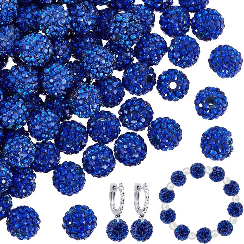 PH PandaHall About 100pcs 10mm Blue Rhinestone Beads Blue Polymer Clay Crystal Bead Pave Disco Ball Clay Beads Round Diamond Bead for Necklace Bracelet Jewelry Making Party Decoration