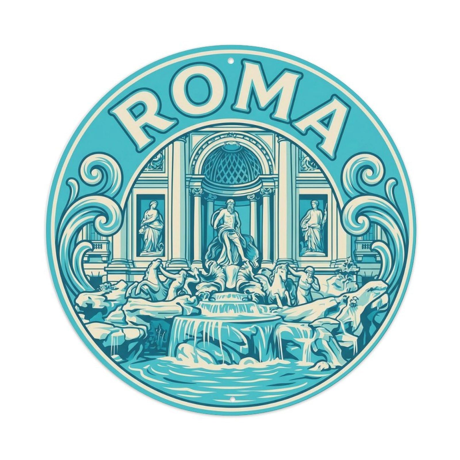 Vintage Travel Rome Trevi Fountain 3 Metal Tin Sign Plaque Wall Decor for Cafe, Club Bar, Office, Home Garden Round Metal Poster 8x8Inch