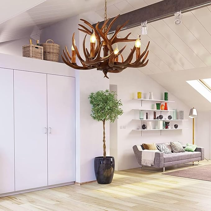 KLUFO Kroonluchter van gewei, bruine vintage lamp van gewei met 4 lampen, rustieke kroonluchter van gewei, geschikt voor eetkamer, keuken, bar photo 3