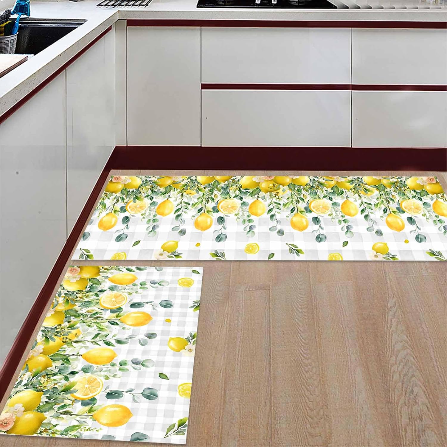 2 Pieces Kitchen Rugs and Mats,Summer Lemon Flower Leaf Area Runner Rug Set Non Slip Floor Doormat Washable Carpet Standing Mat for Kitchen Sink Indoor Corridor,Farmhouse Fruit Plant on Grey Plaid